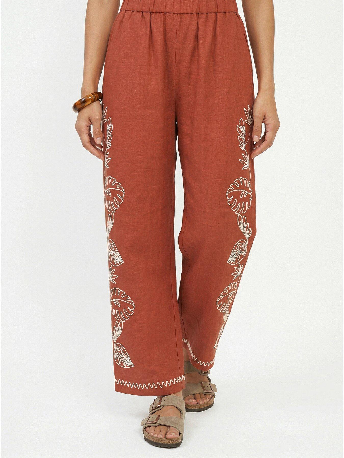 Image 1 of 1 of Raffya Tilly High Waist Embroidered Trouser In Rust
