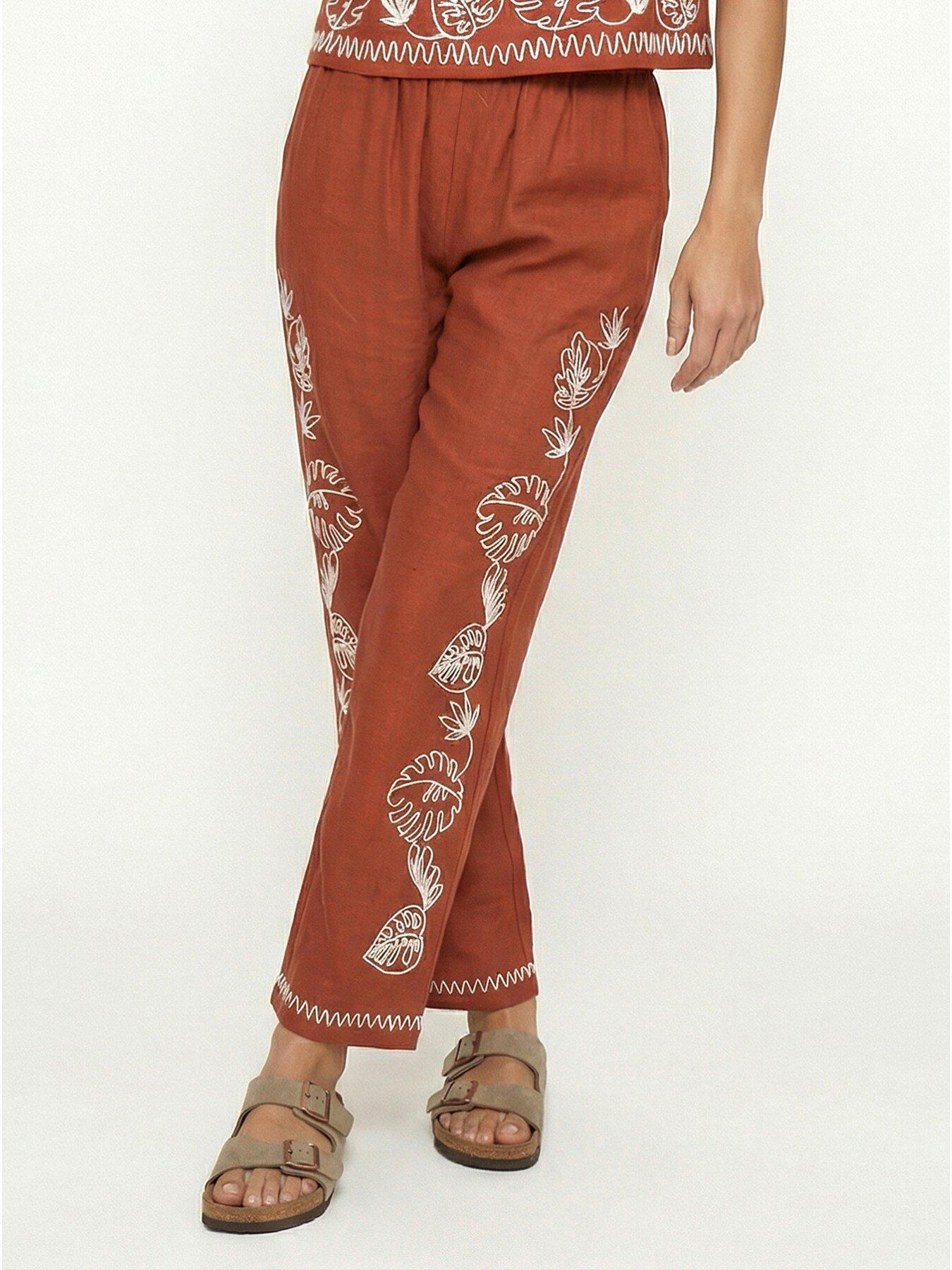 Image 2 of 4 of Raffya Tilly High Waist Embroidered Trouser In Rust - Red