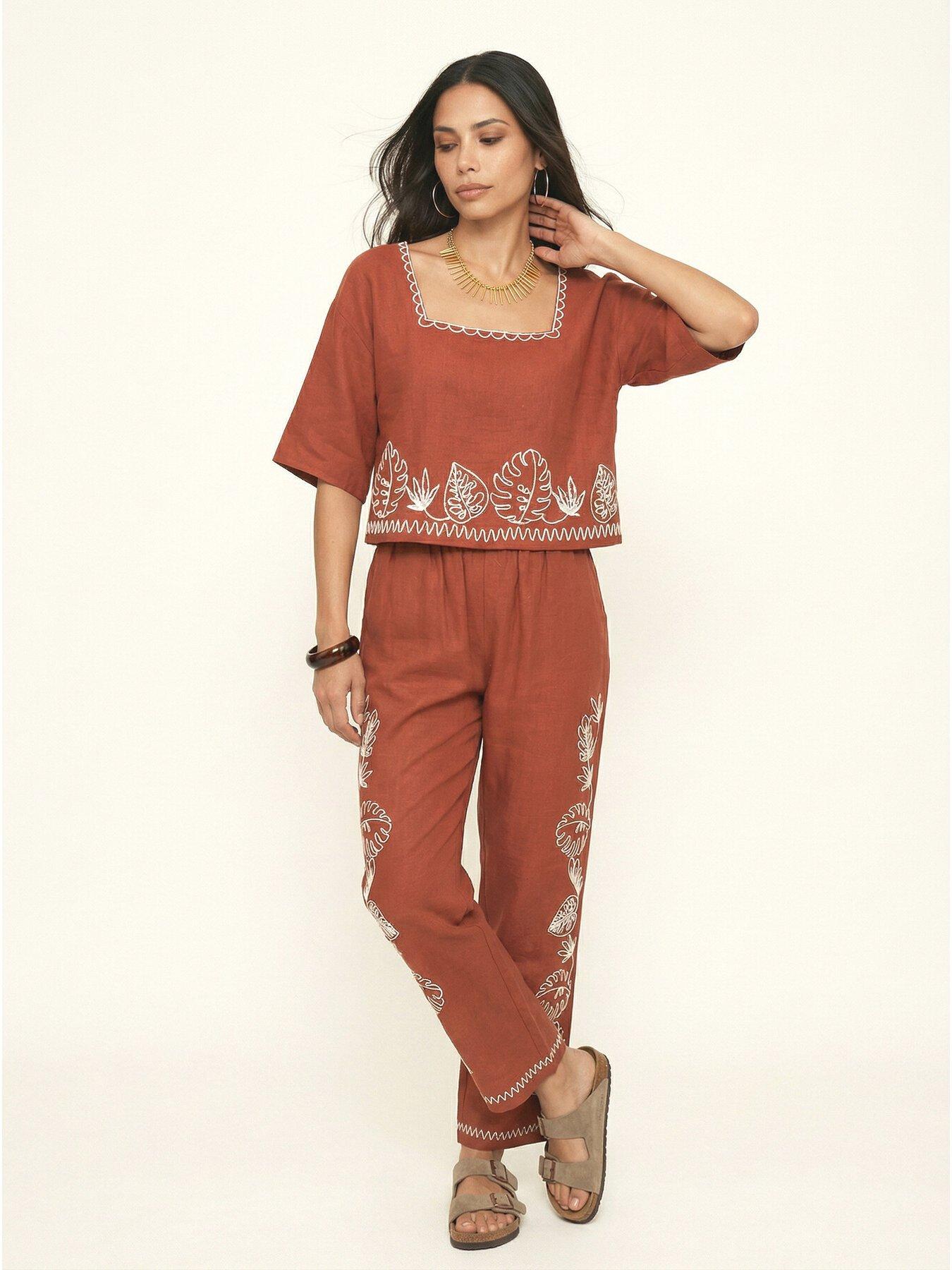 Image 3 of 4 of Raffya Tilly High Waist Embroidered Trouser In Rust - Red
