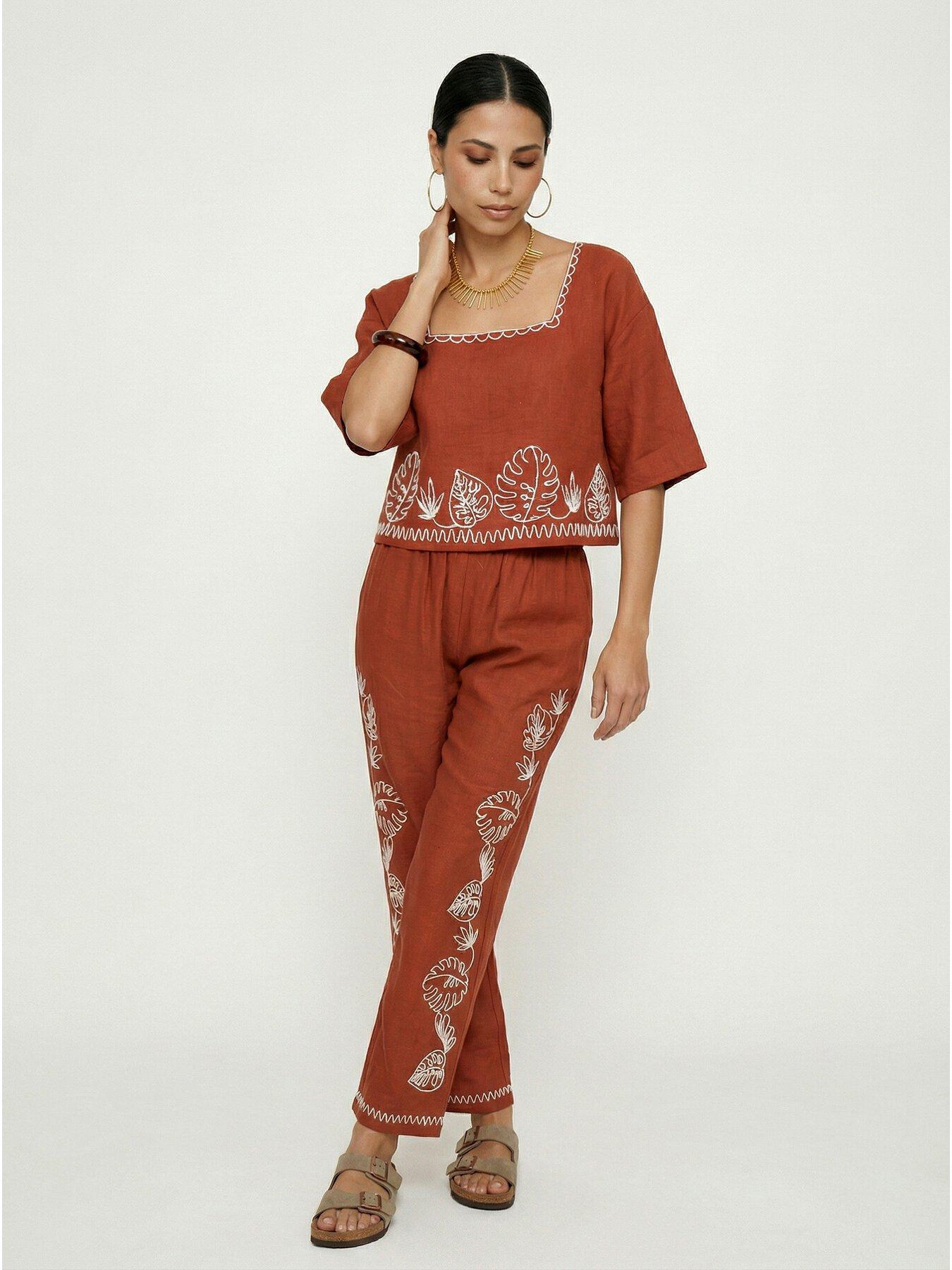Image 4 of 4 of Raffya Tilly High Waist Embroidered Trouser In Rust - Red