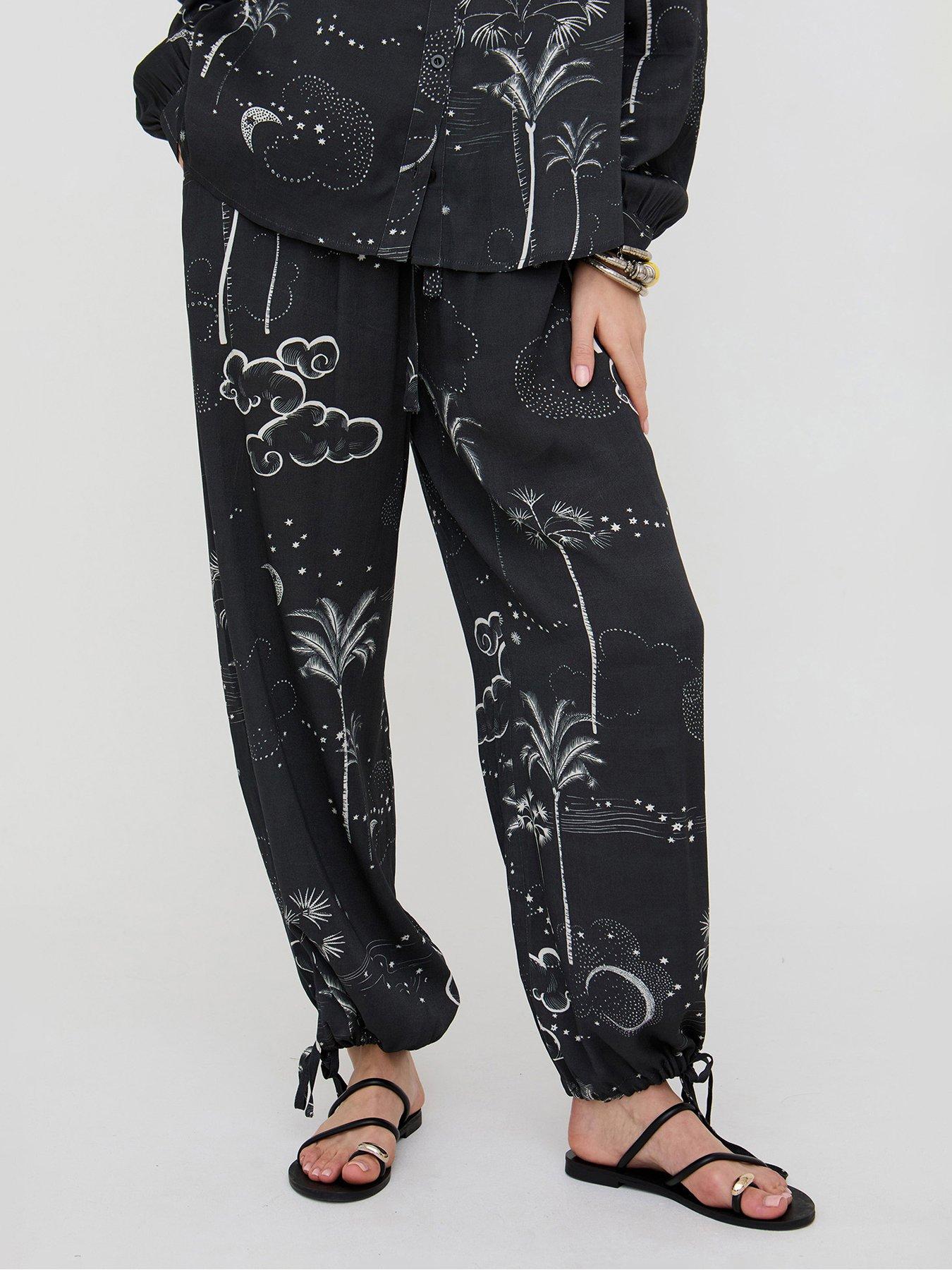 Raffya Palm High Waist Palm Print Trouser In Black