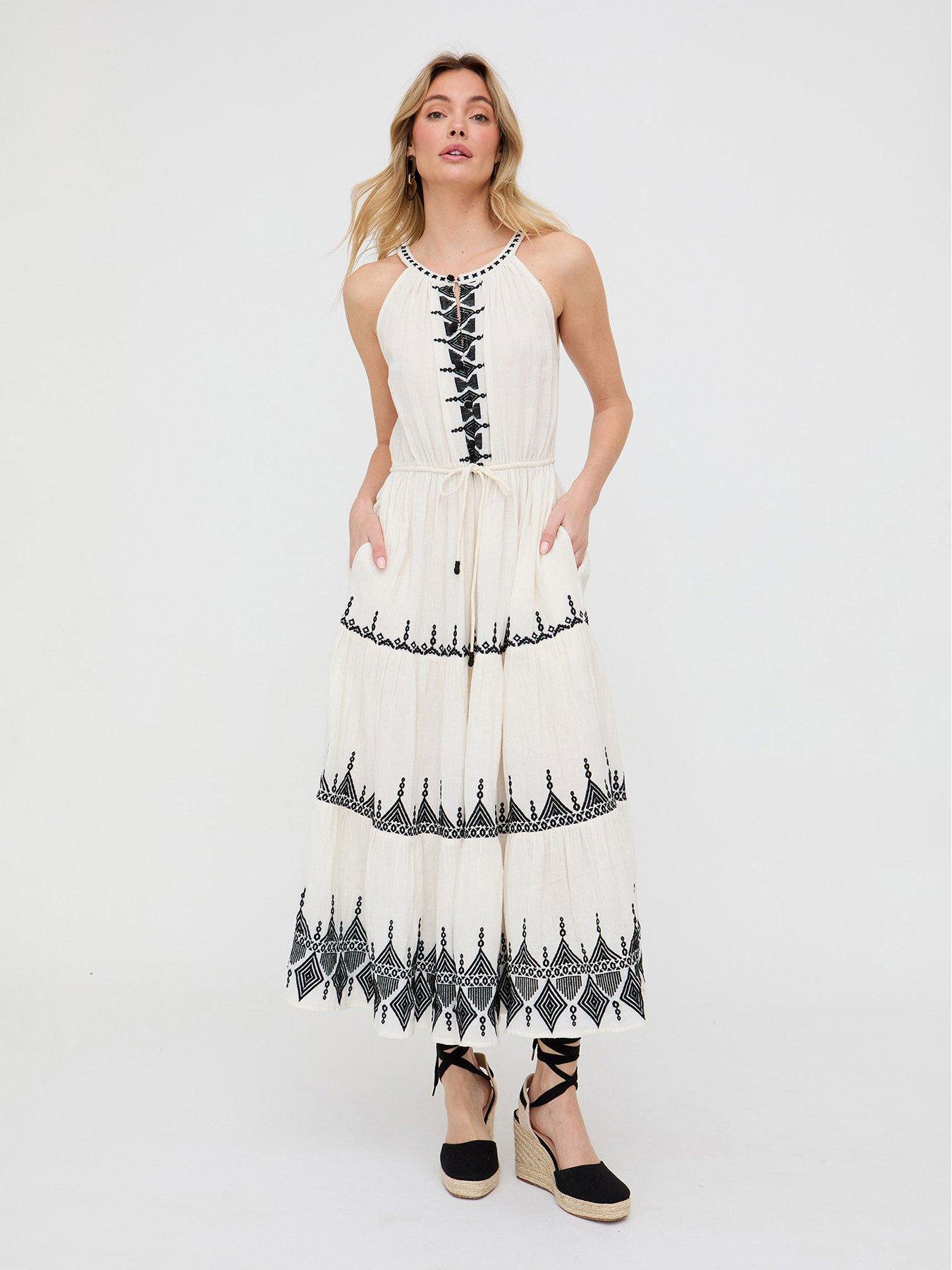 Raffya Mia Halter Neck Embroidered Maxi Dress - White