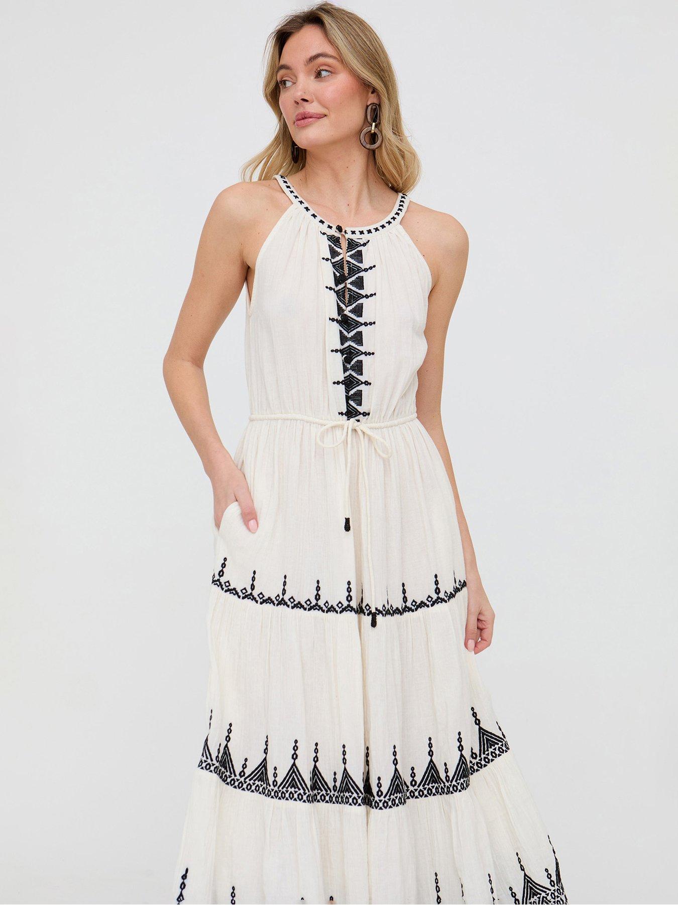 Raffya Mia Halter Neck Embroidered Maxi Dress - White | Very