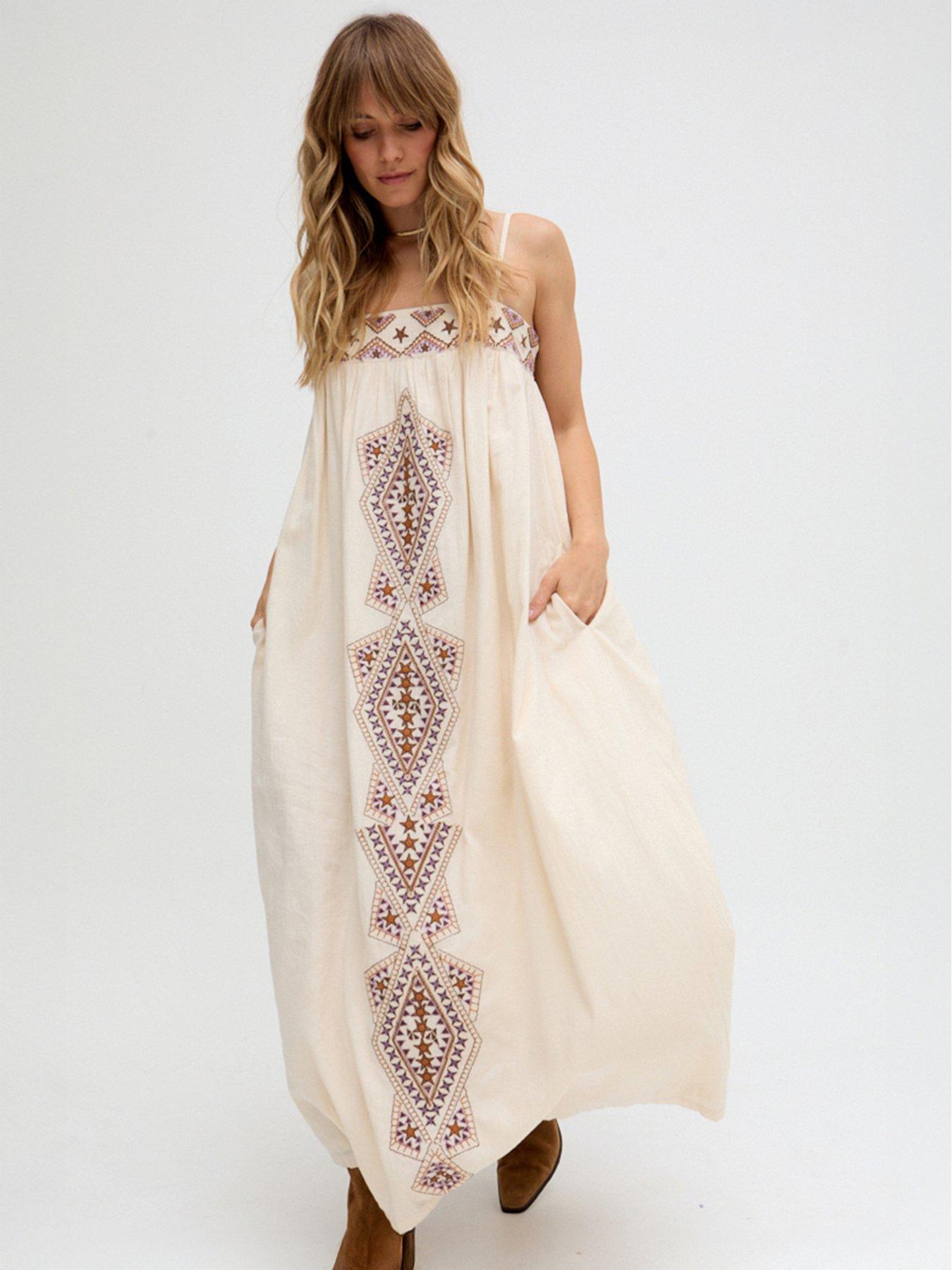 Raffya Sapphire Spaghetti Strap Embroidered Maxi Dress - Cream