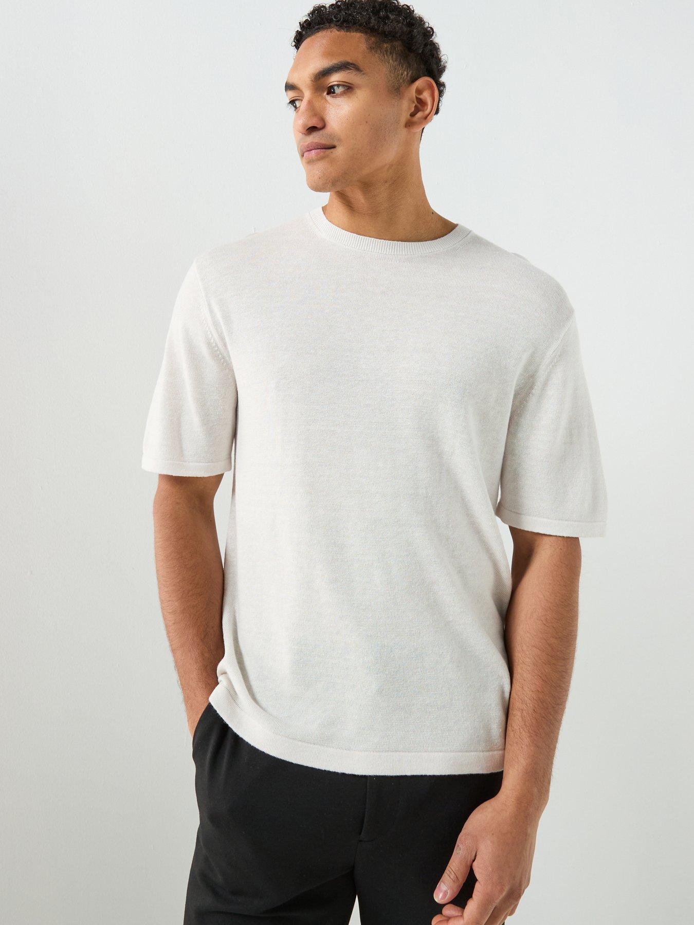 Image 1 of 6 of Calvin Klein Linen Viscose Blend Knitted T-Shirt - Off White