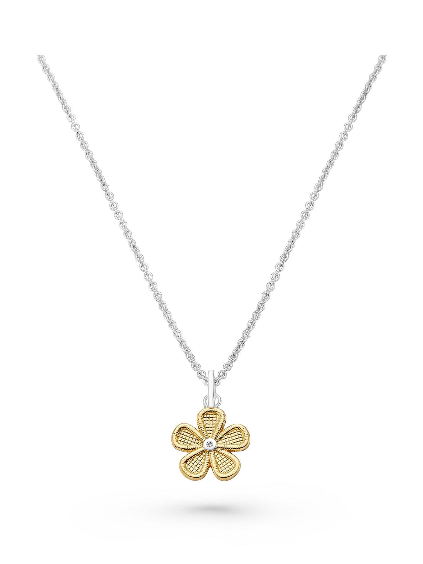 Beaverbrooks Silver and Yellow Gold Plated Diamond Flower Pendant