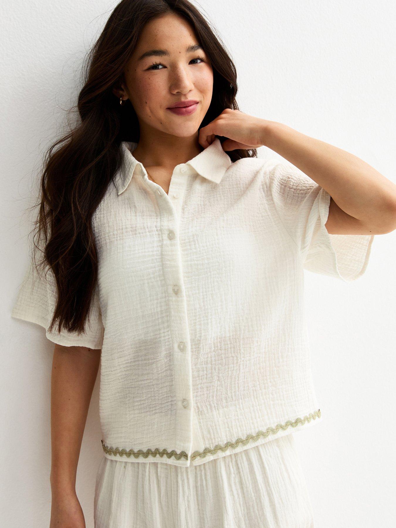 New Look 915 Girls White Cotton Textured Ric Rac Trim Shirt