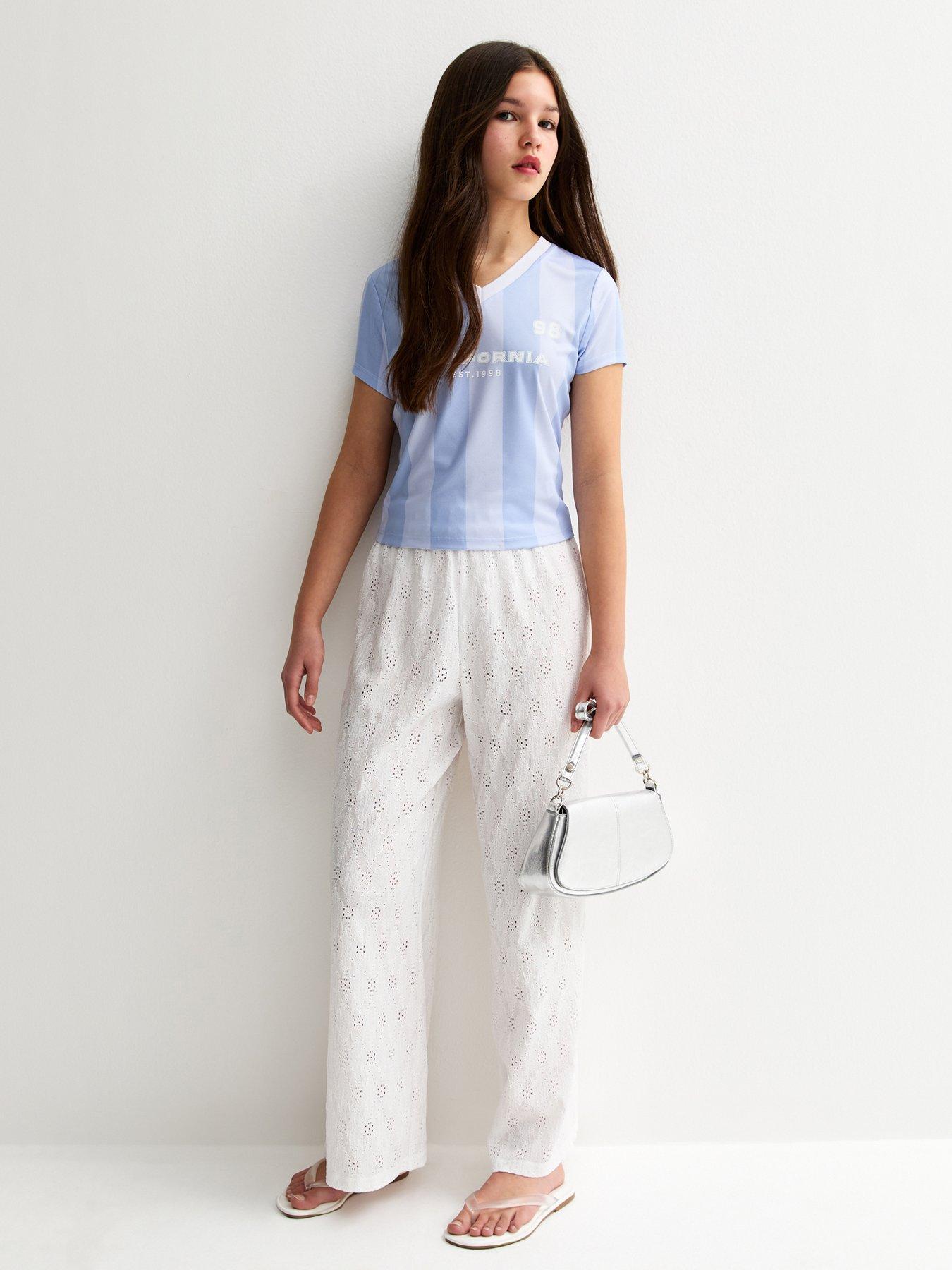 New Look 915: Girls Broderie Anglaise Wide Leg Trousers - White