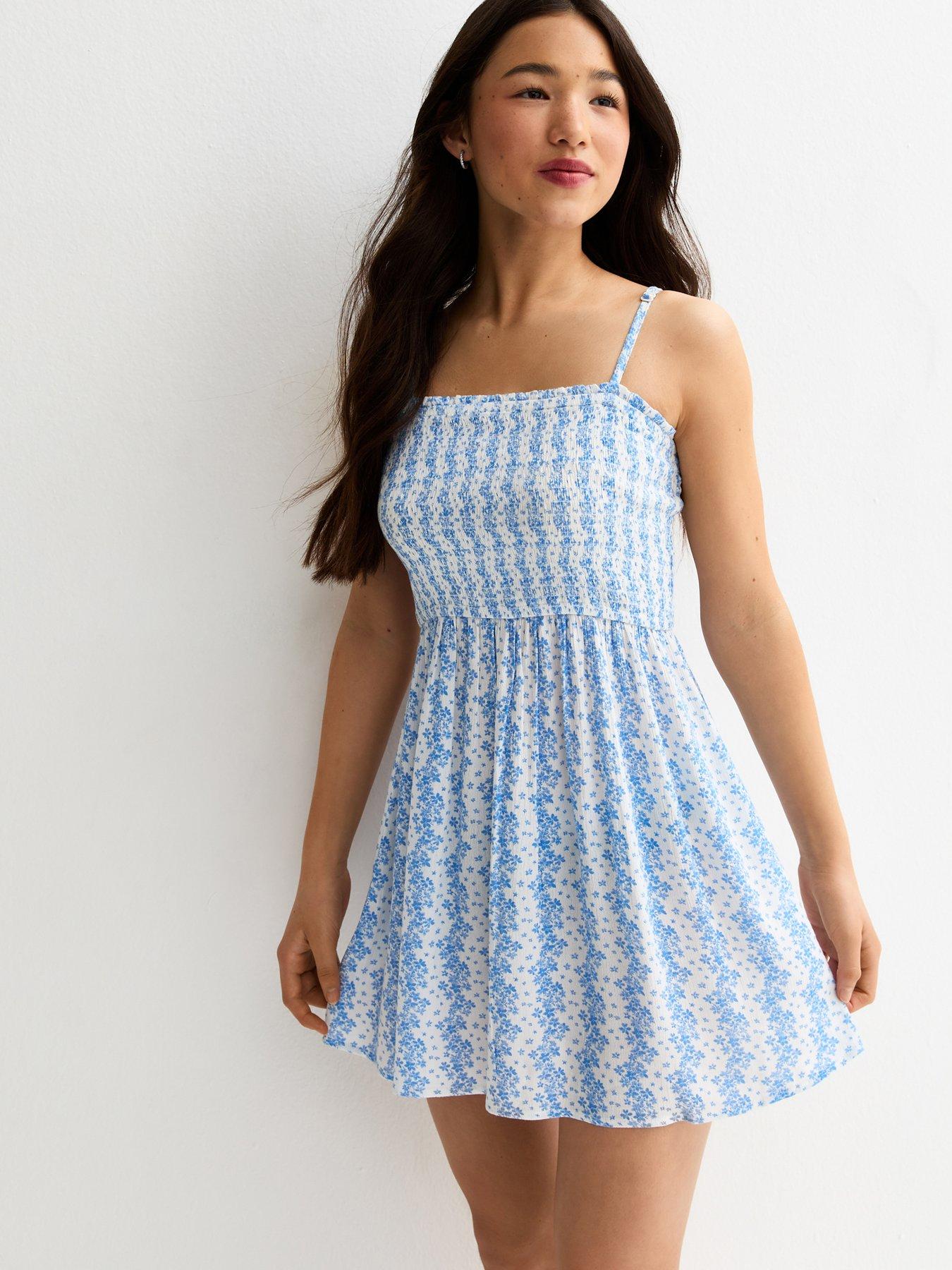 New Look 915 Girls Embroidered Babydoll Mini Dress - Light Blue | Very