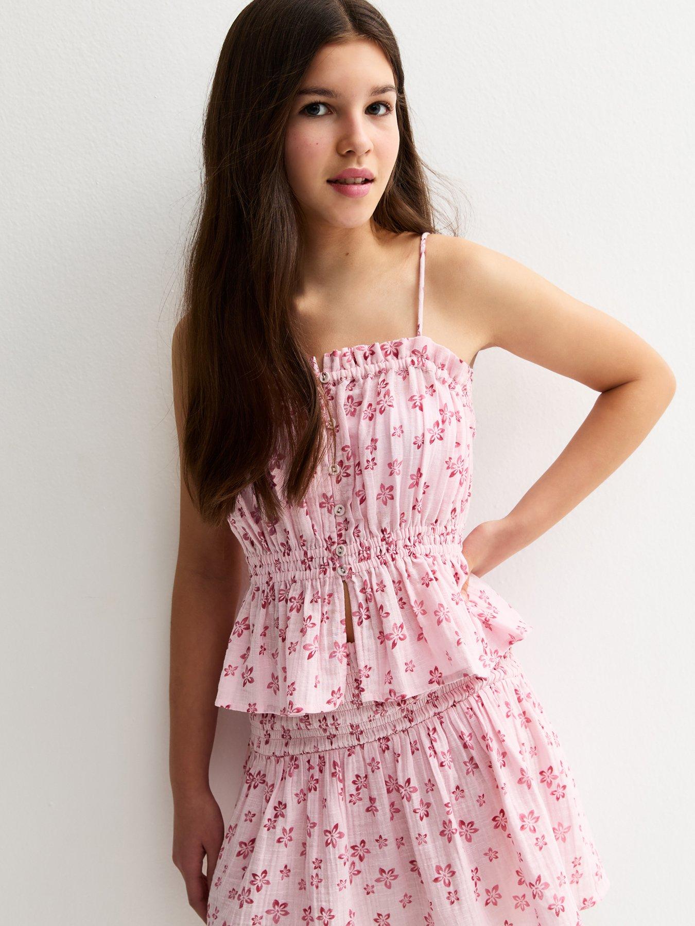 New Look 915 Girls Pink Cotton Floral Ruched Cami Top