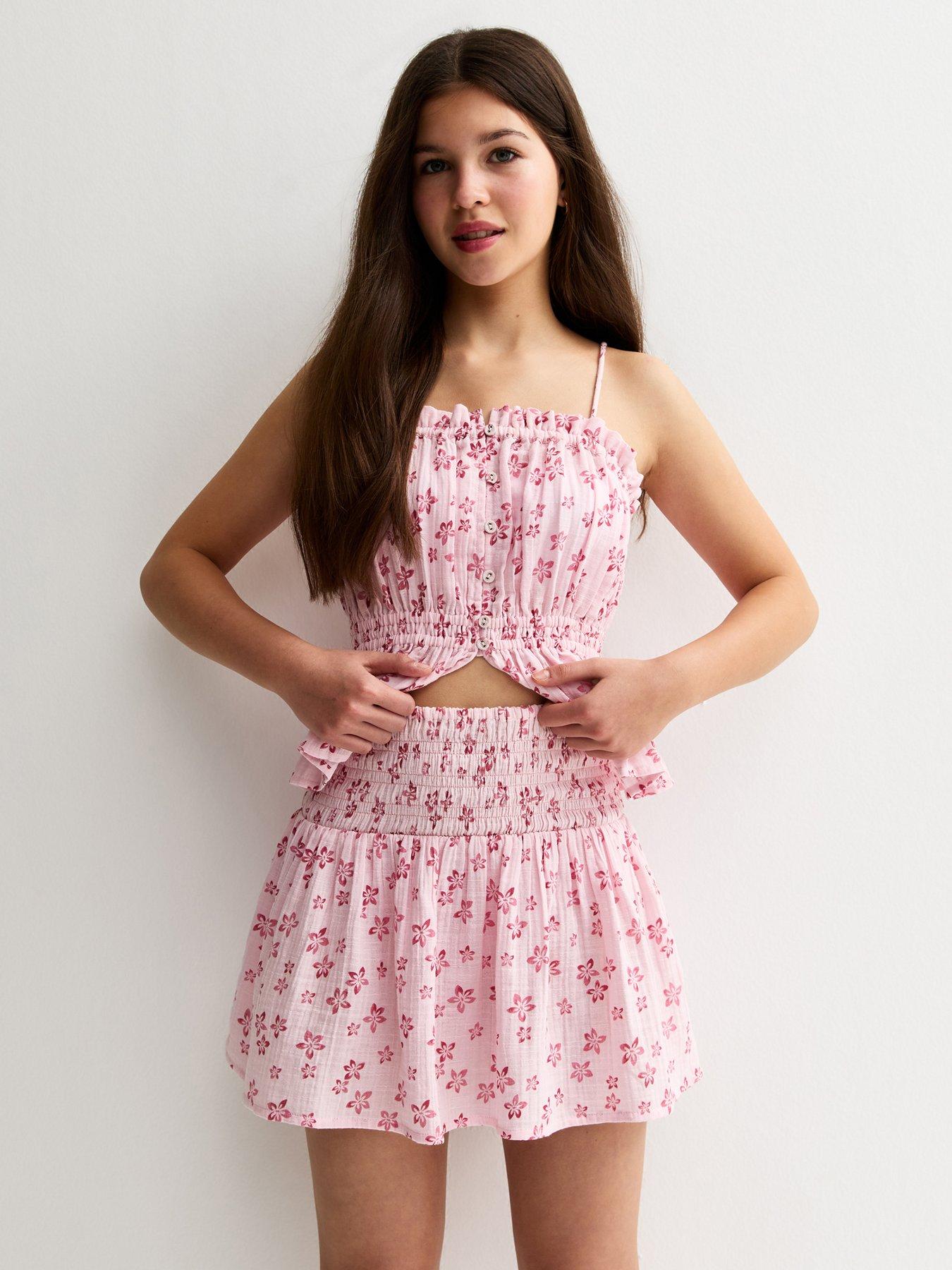 New Look 915 Girls Cotton Floral Ruched Mini Skirt - Pink