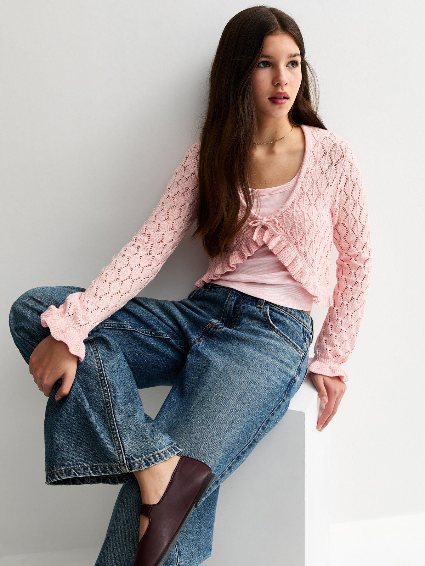 New Look 915 Girls Light Pink Ruffled Crochet Cardigan