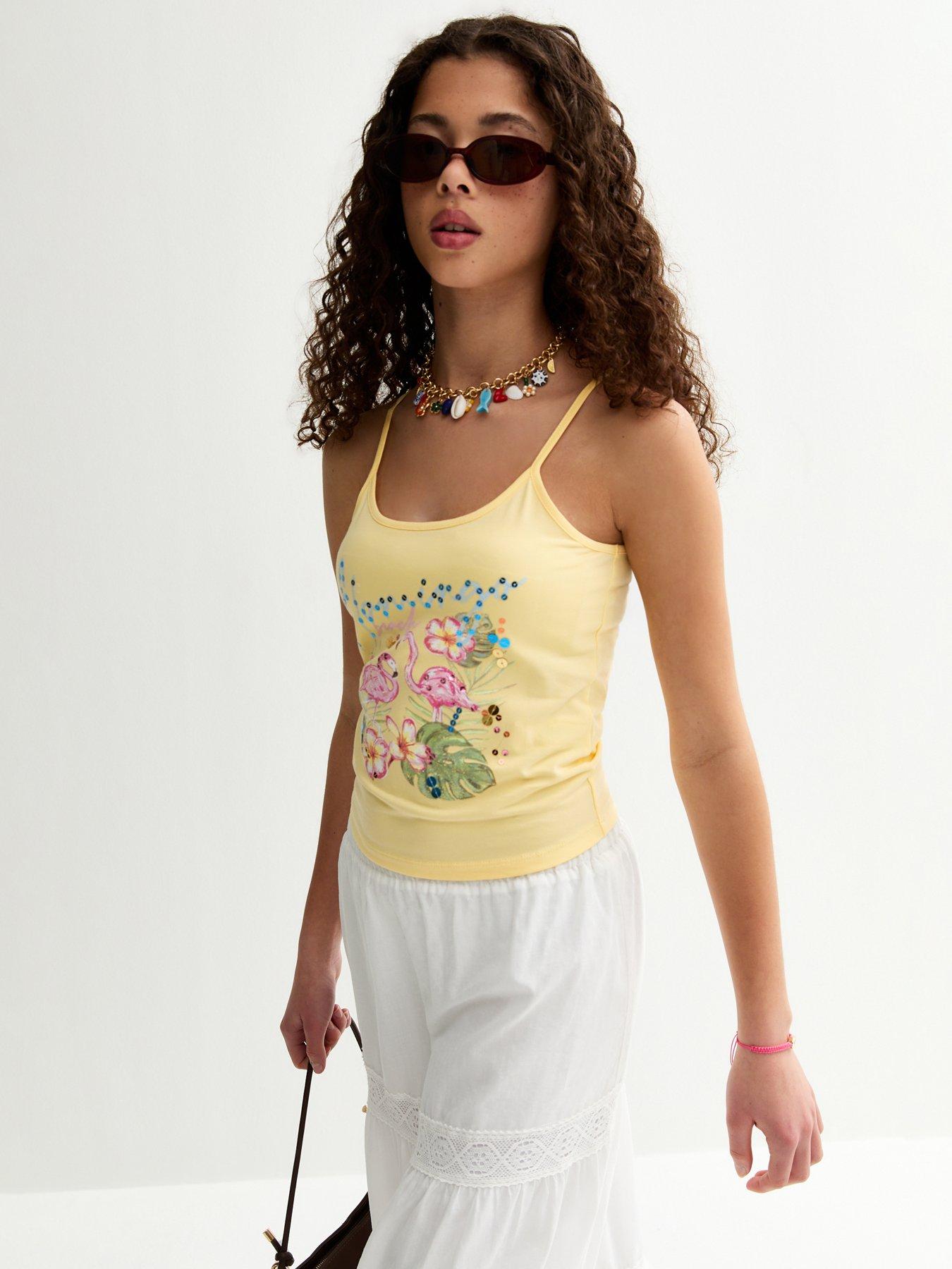 Image 6 of 7 of New Look 915 Girls Flamingo Embellished Cami Top - Light Yellow