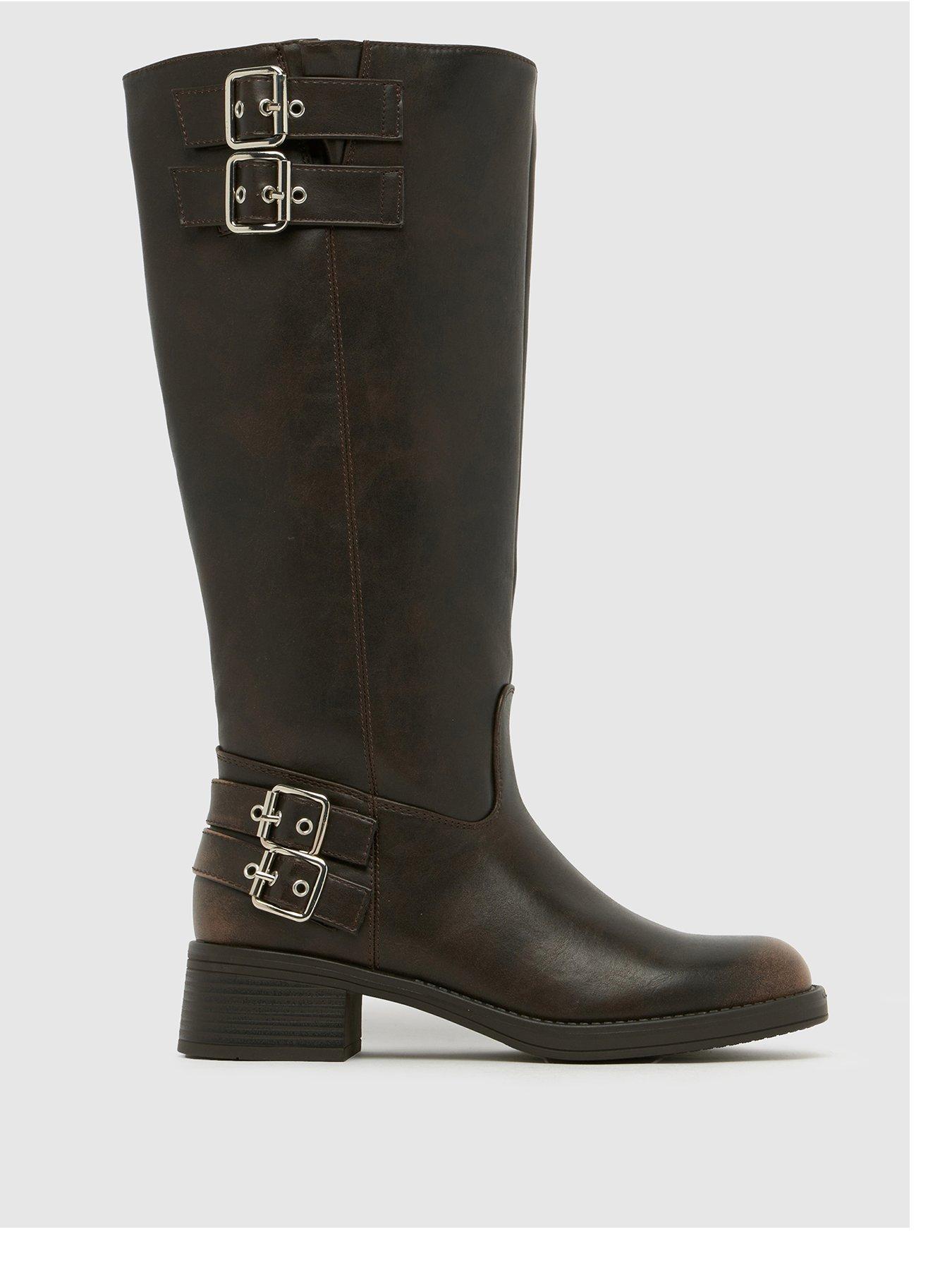 schuh-disk-buckle-pu-biker-boots-brown