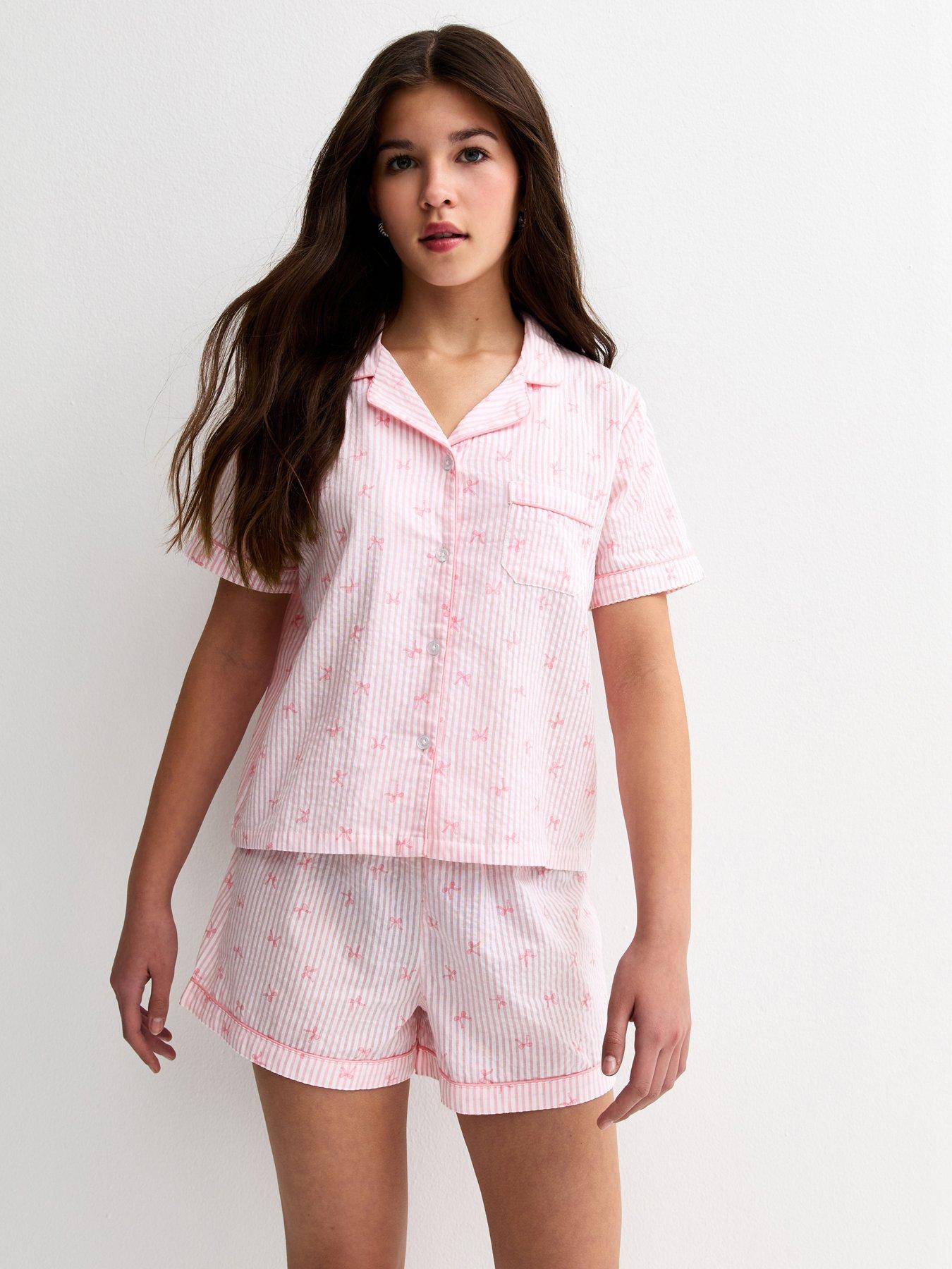 New Look 915 Girls Stripe Bow Revere Collar Shirt And Shorts Pyjama Set - Light Pink