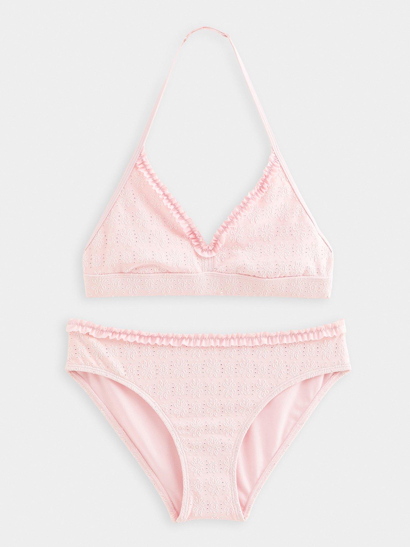 New Look 915: Girls Ruffle Floral Halter Bikini Set - Light Pink