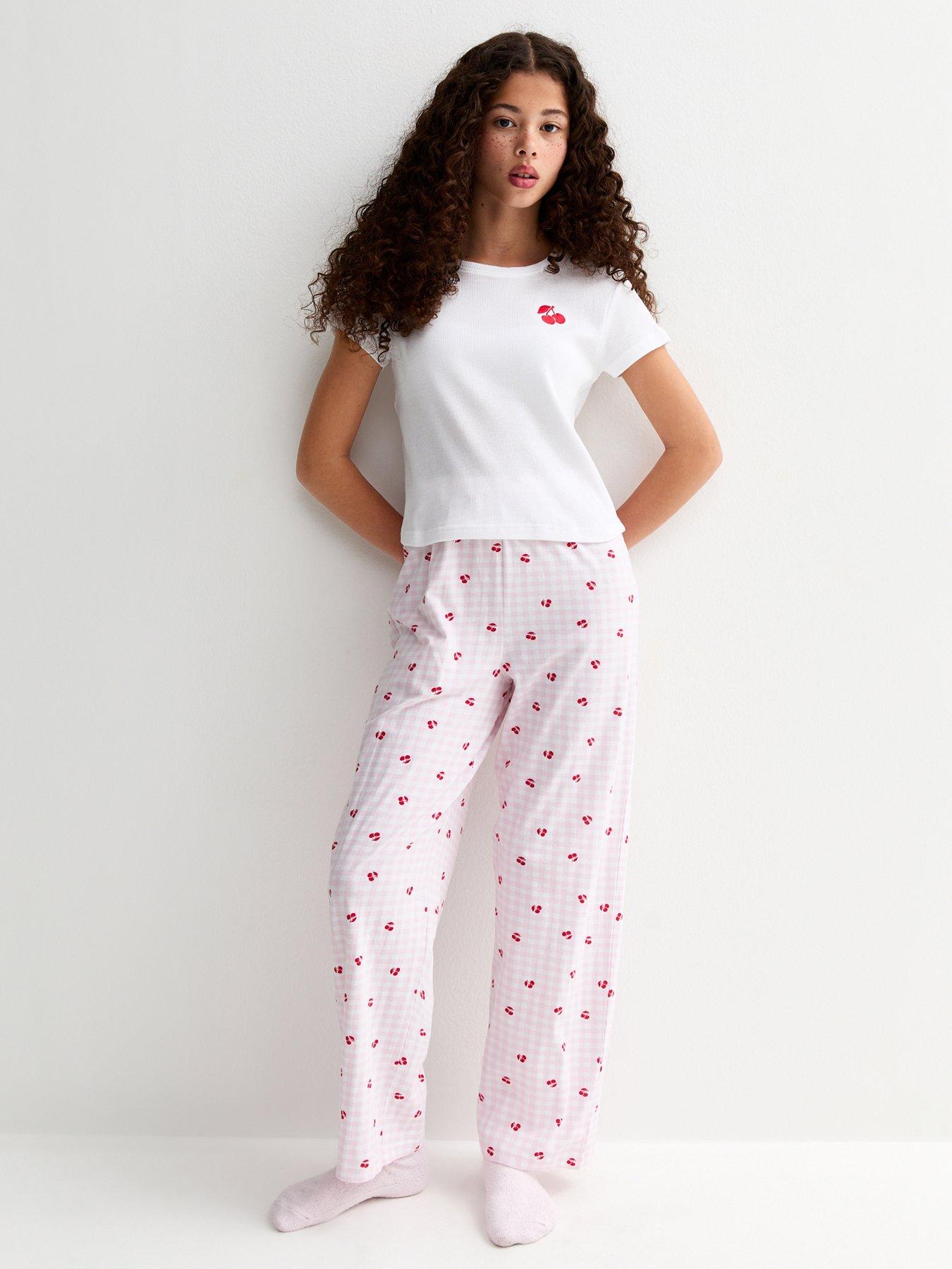 New Look 915: Girls Cherry Embroidered Pyjama Set - Light Pink