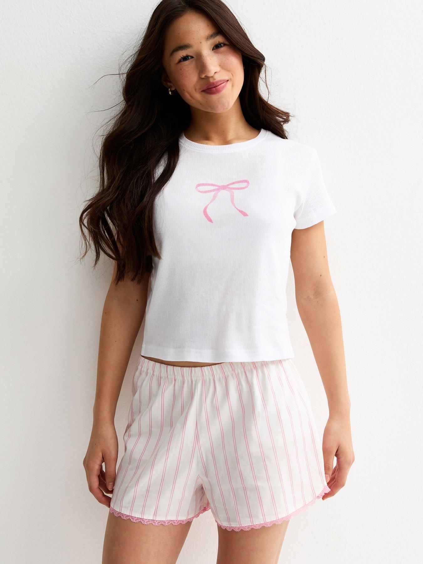New Look 915 Girls White Cotton Bow T-shirt And Striped Shorts Pyjama Set