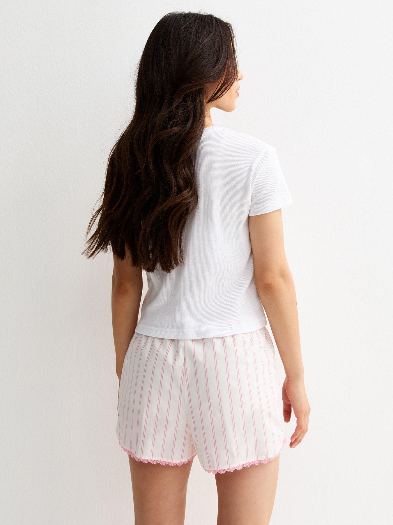 Image 2 of 5 of New Look 915 Girls Cotton Bow T-Shirt And Striped Shorts Pyjama Set - White