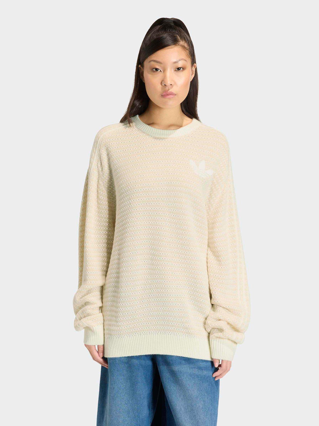 adidas Originals Women's Oversized Holiday Knit Crew Neck Sweater, Owhite/Wonwhi/Sanstr/, Size L, Women
