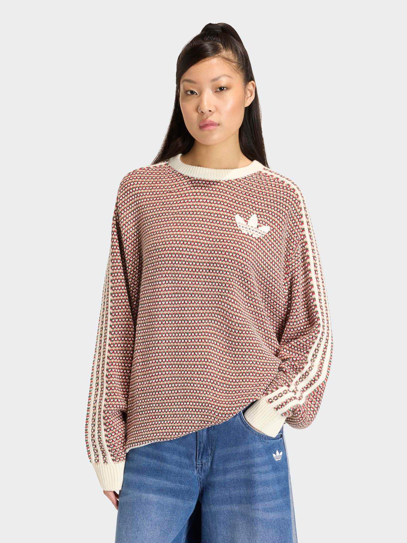 adidas Originals Women's Oversized Holiday Knit Crew Neck Sweater, Owhite/Cgreen/Eqtred, Size Xs, Women