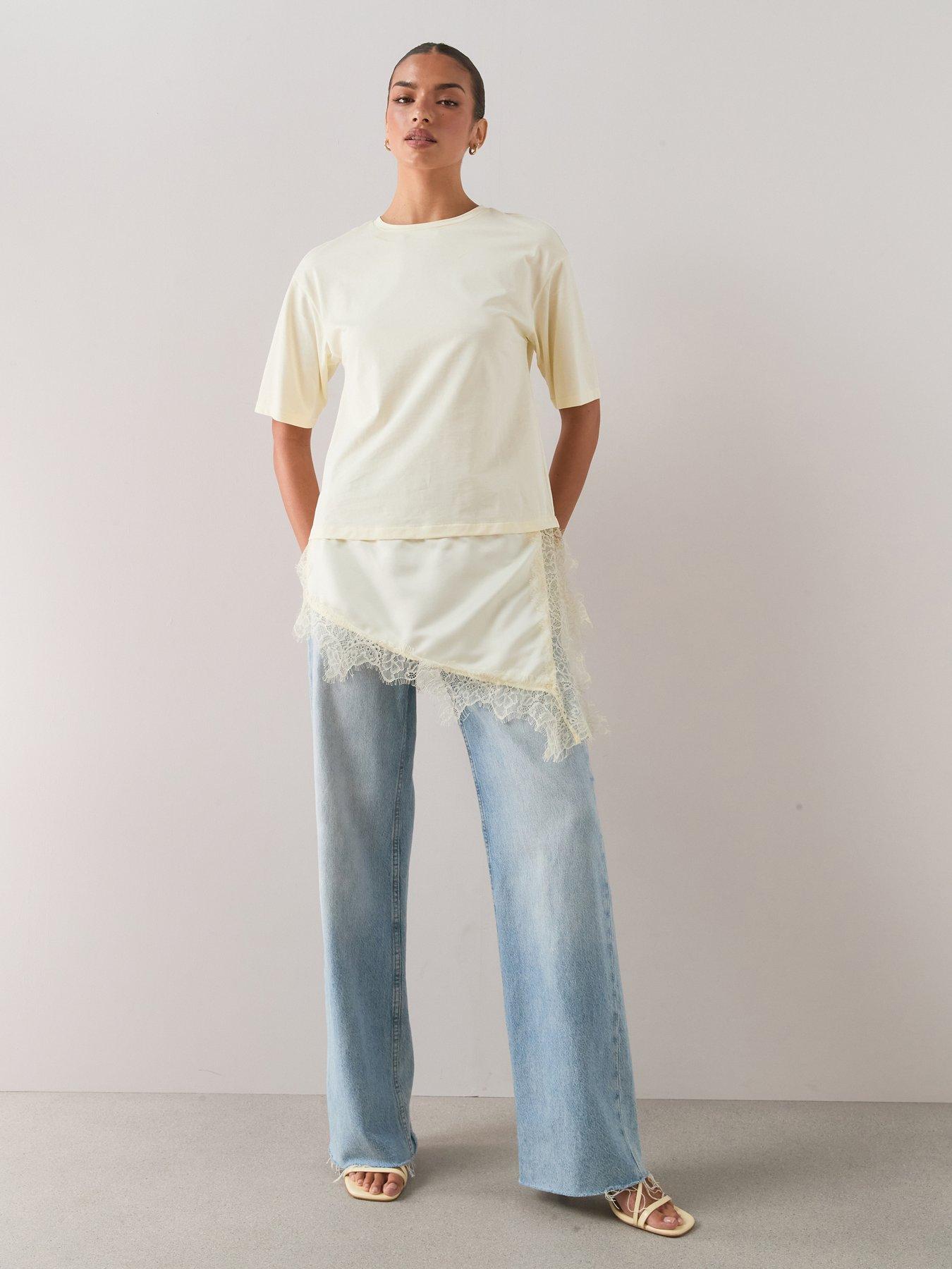 Image 1 of 7 of The Very Collection Satin And Lace Trim Asymmetric Hem Tshirt- Lemon