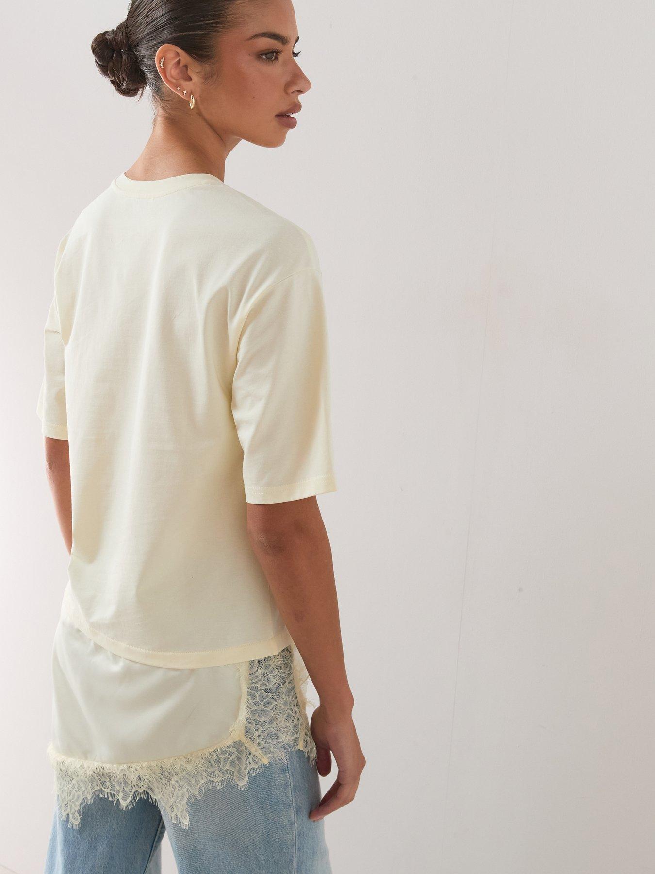 Image 2 of 7 of The Very Collection Satin And Lace Trim Asymmetric Hem Tshirt- Lemon