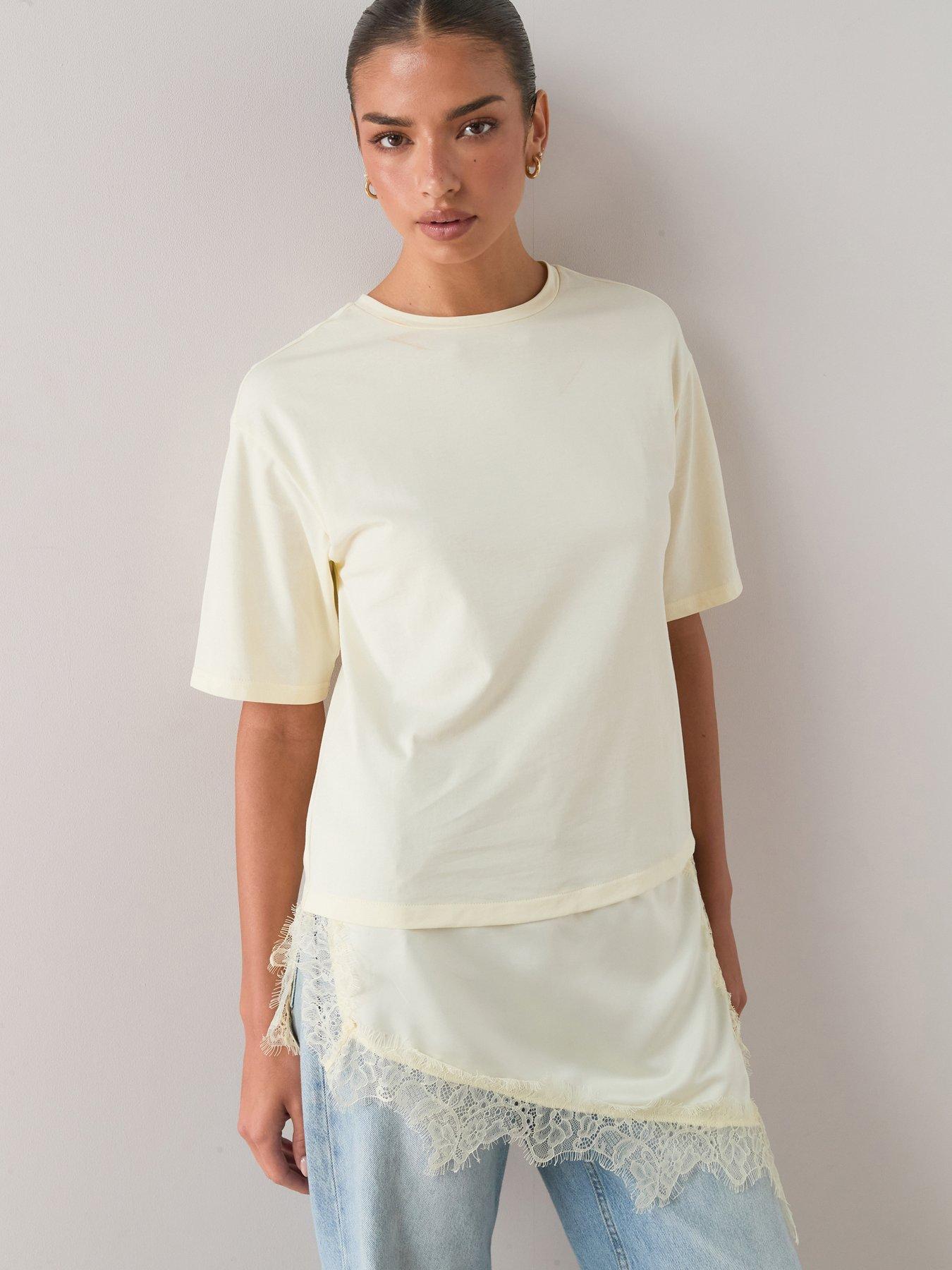 Image 3 of 7 of The Very Collection Satin And Lace Trim Asymmetric Hem Tshirt- Lemon