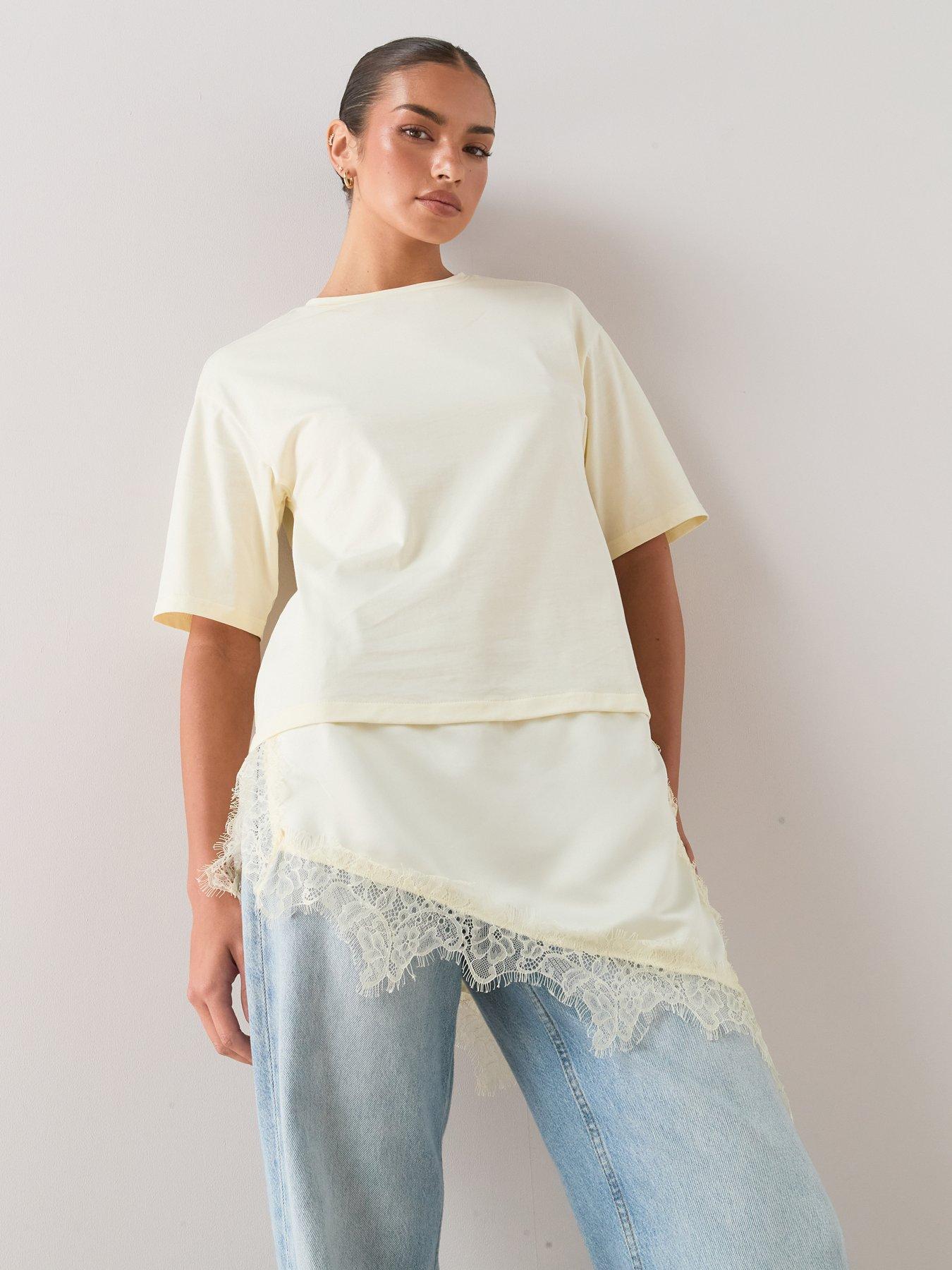 Image 6 of 7 of The Very Collection Satin And Lace Trim Asymmetric Hem Tshirt- Lemon
