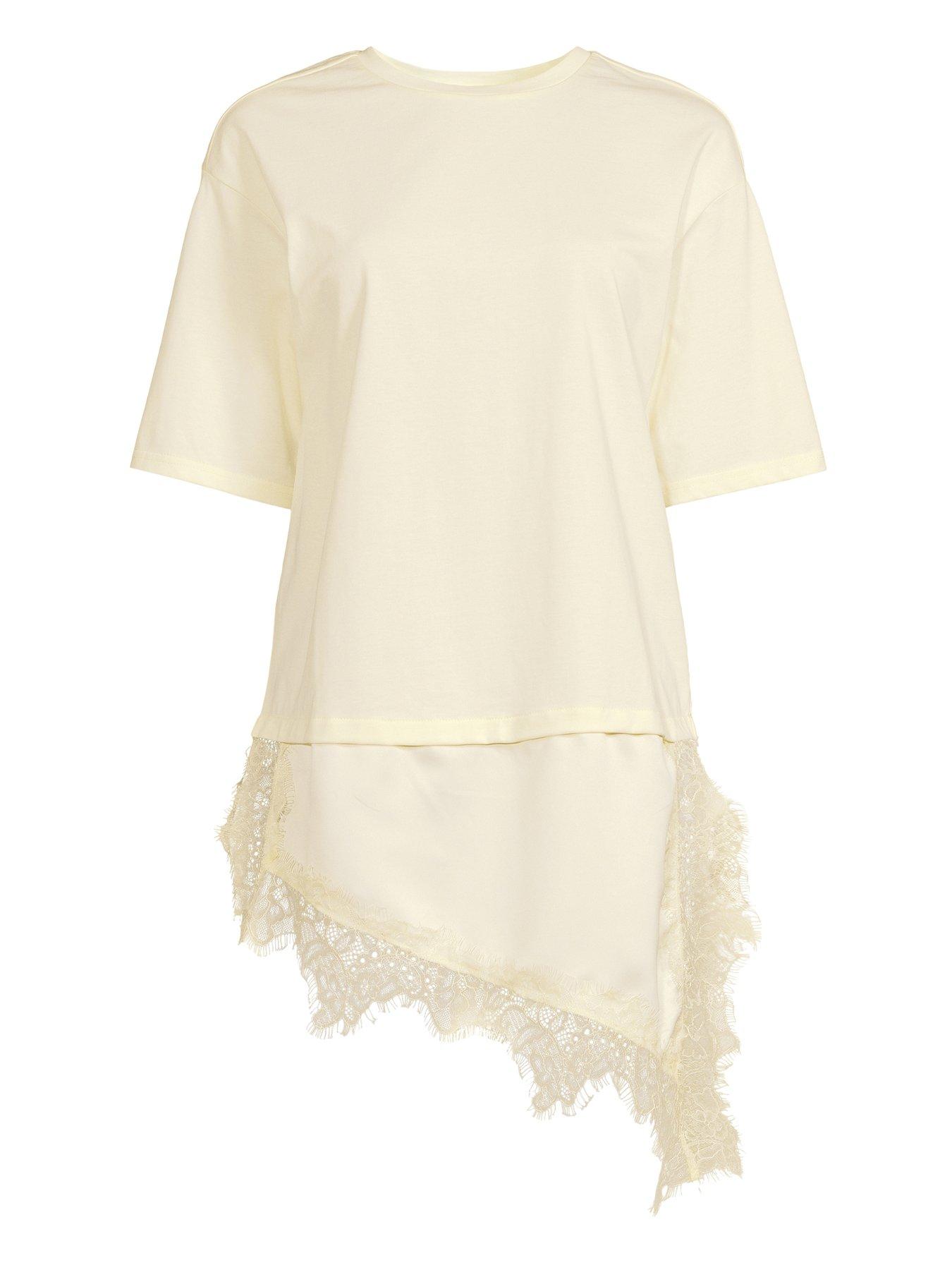 Image 7 of 7 of The Very Collection Satin And Lace Trim Asymmetric Hem Tshirt- Lemon