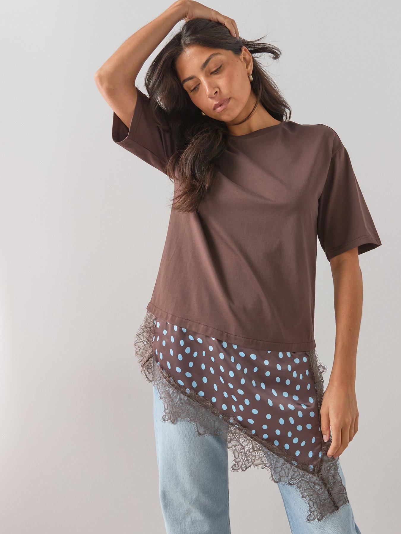 The Very Collection Spot Satin And Lace Trim Asymmetric Hem Tshirt- Brown