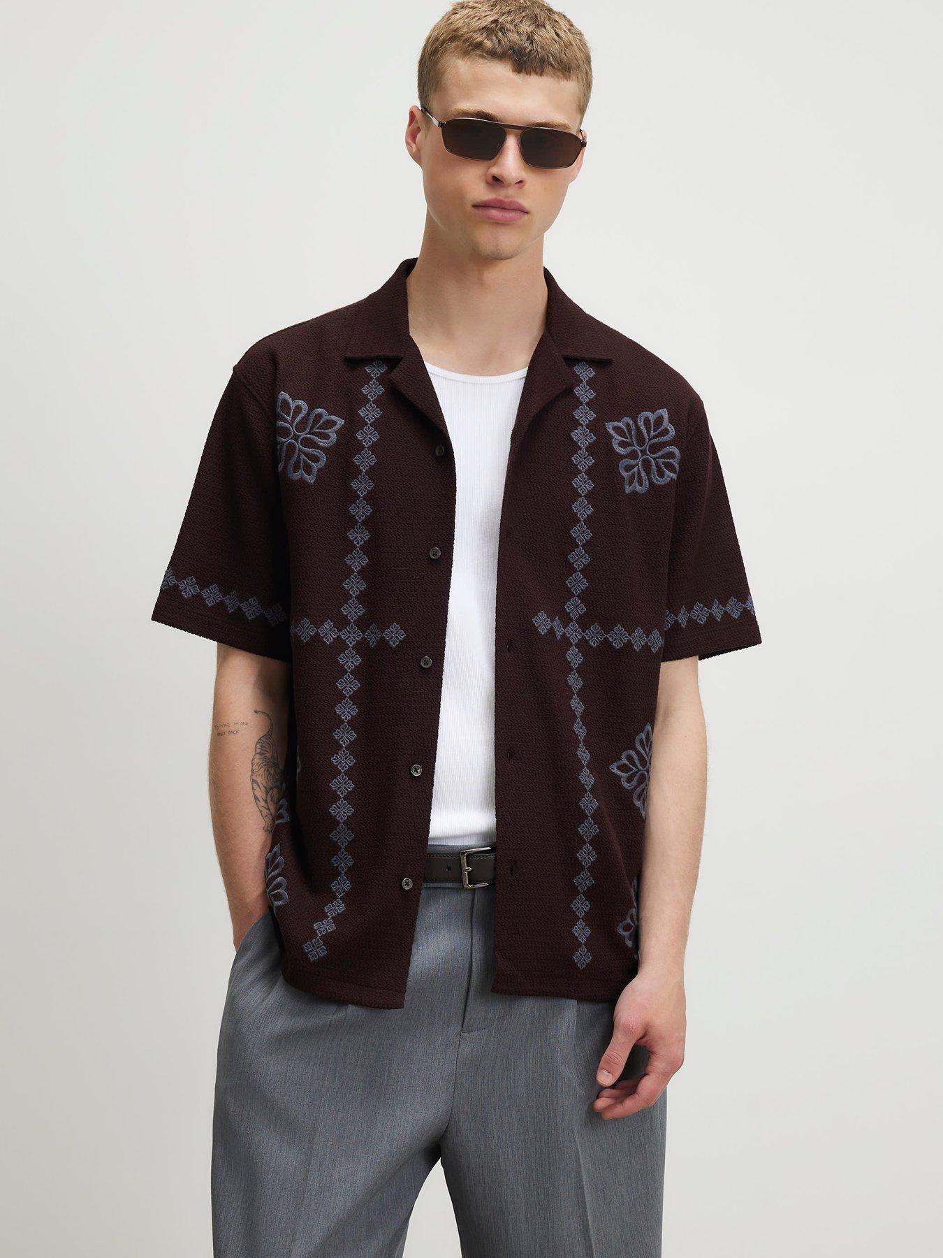 River Island Short Sleeve Embroidered Revere Collar Shirt - Brown