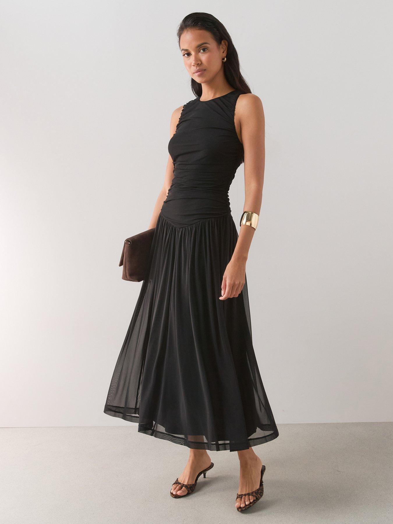 Image 1 of 7 of The Very Collection Ruched Mesh Dress- Black