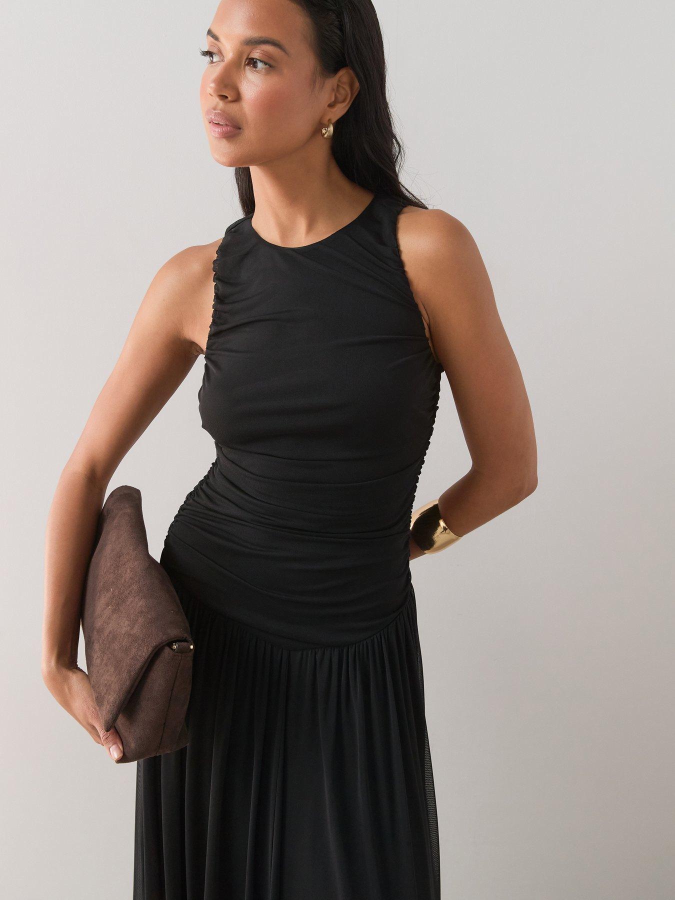 Image 3 of 7 of The Very Collection Ruched Mesh Dress- Black