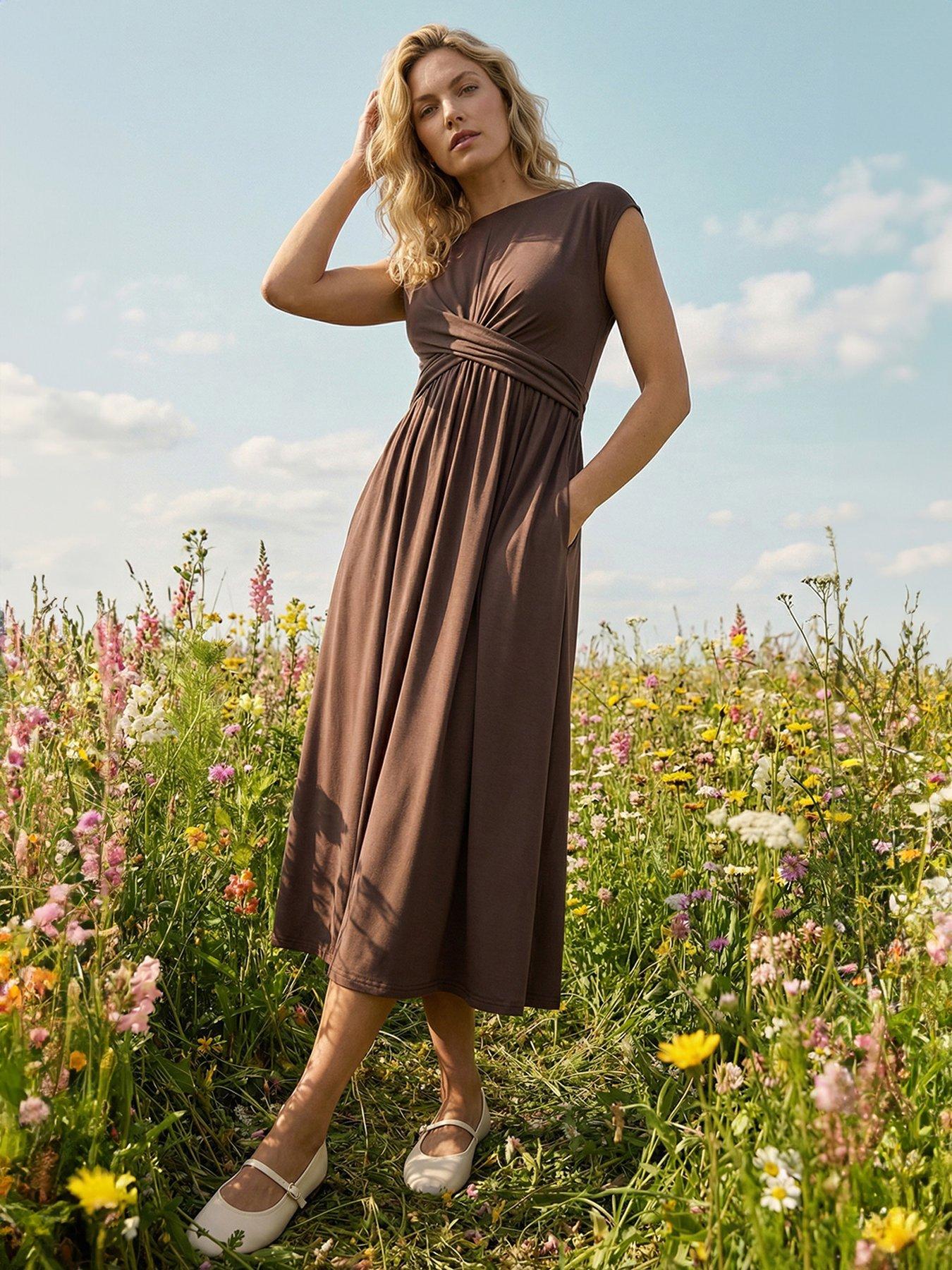 Roman Crossover Front Stretch Midi Dress