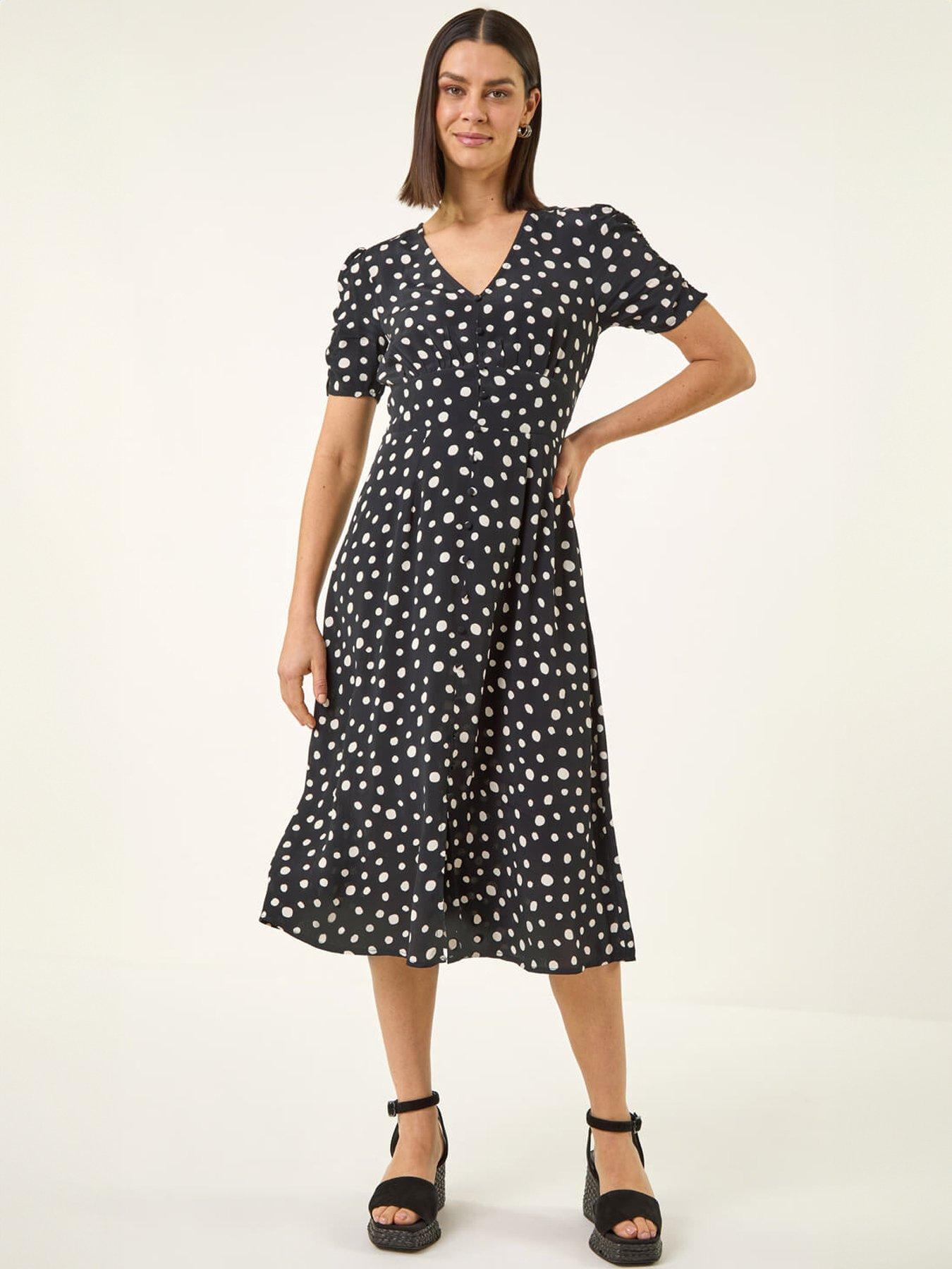 Image 1 of 5 of Roman Polka Dot Ruched Sleeve Midi Dress