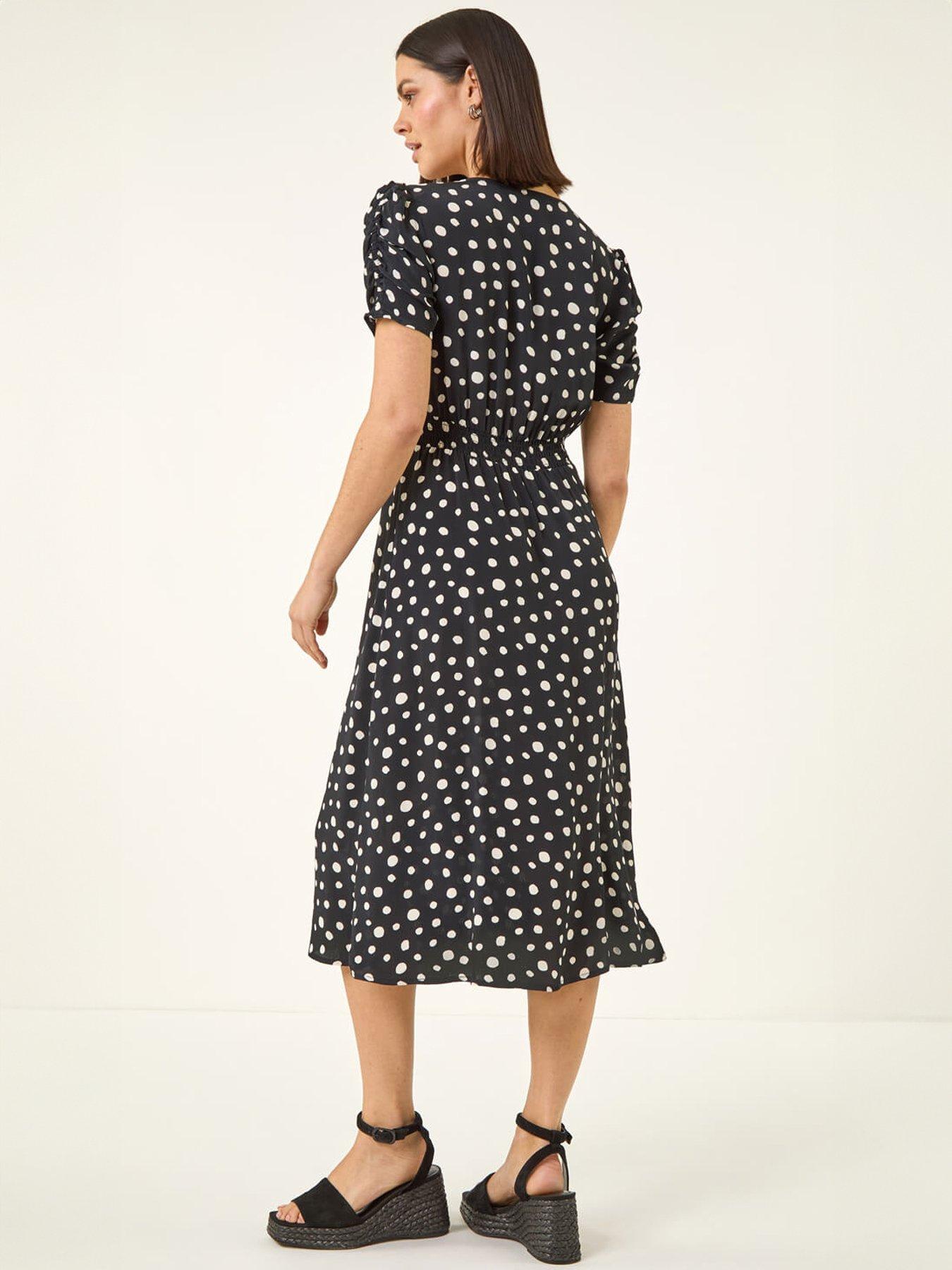 Image 2 of 5 of Roman Polka Dot Ruched Sleeve Midi Dress
