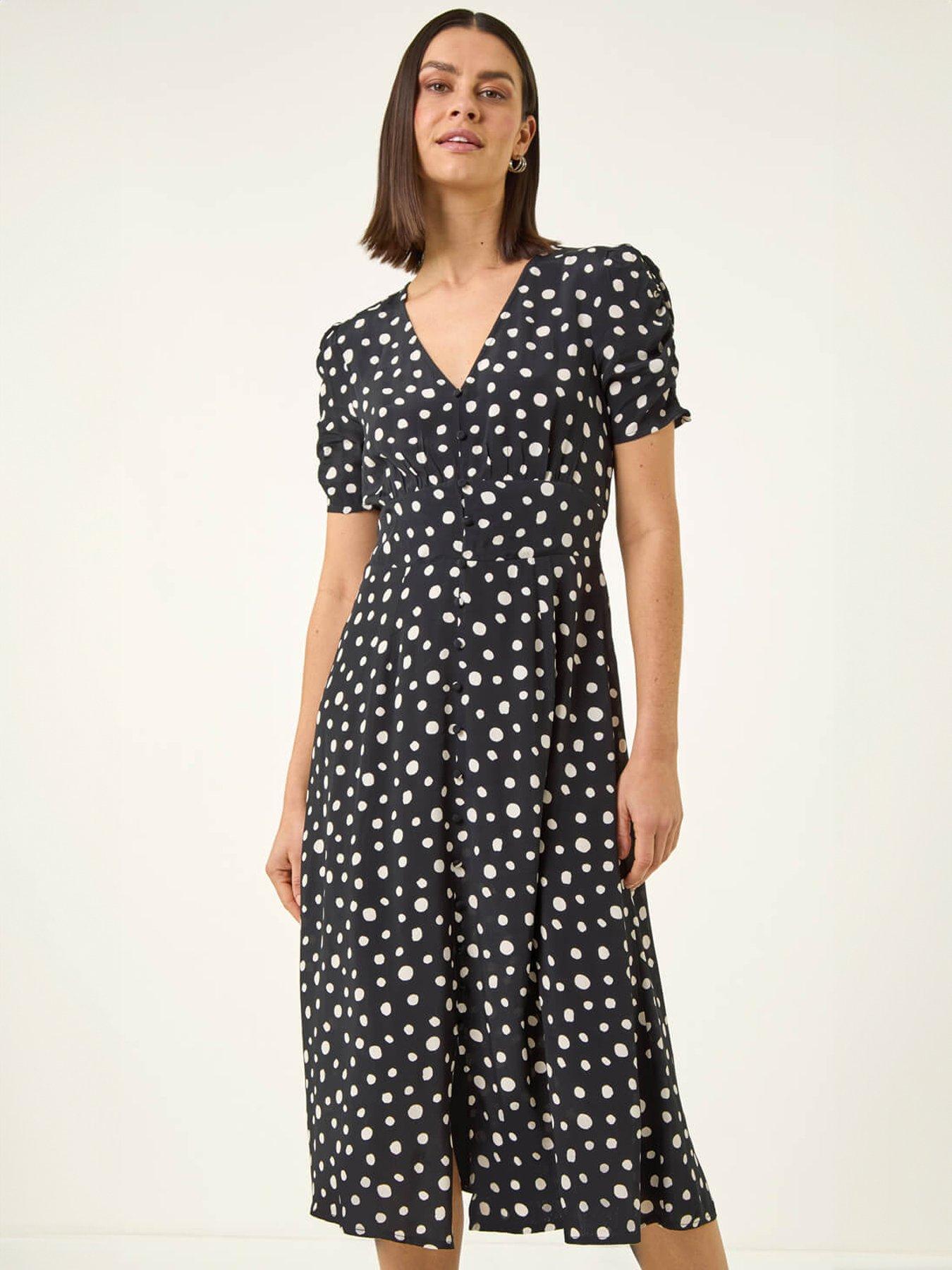 Image 3 of 5 of Roman Polka Dot Ruched Sleeve Midi Dress