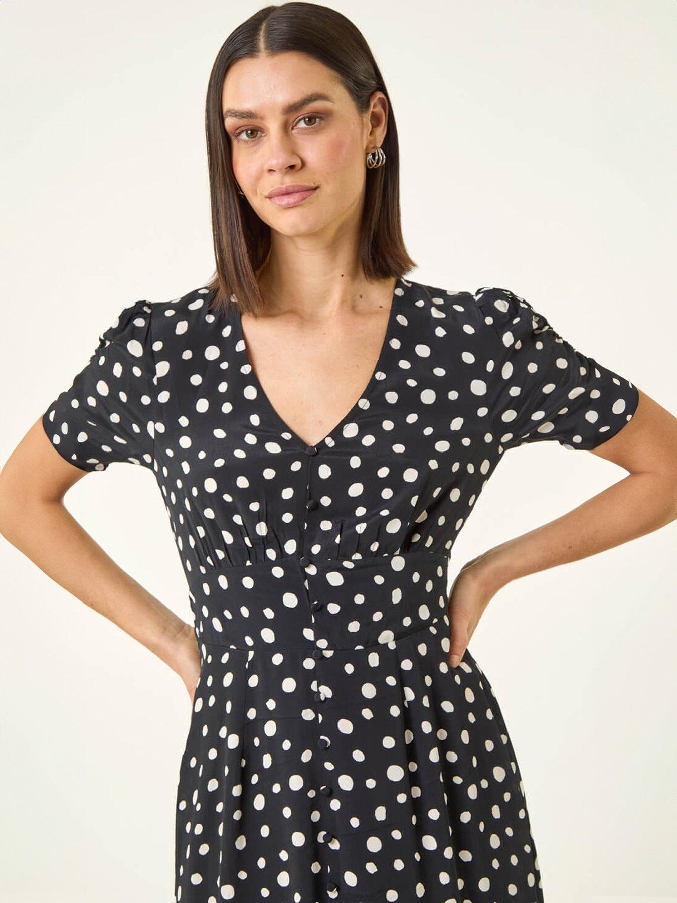 Image 4 of 5 of Roman Polka Dot Ruched Sleeve Midi Dress