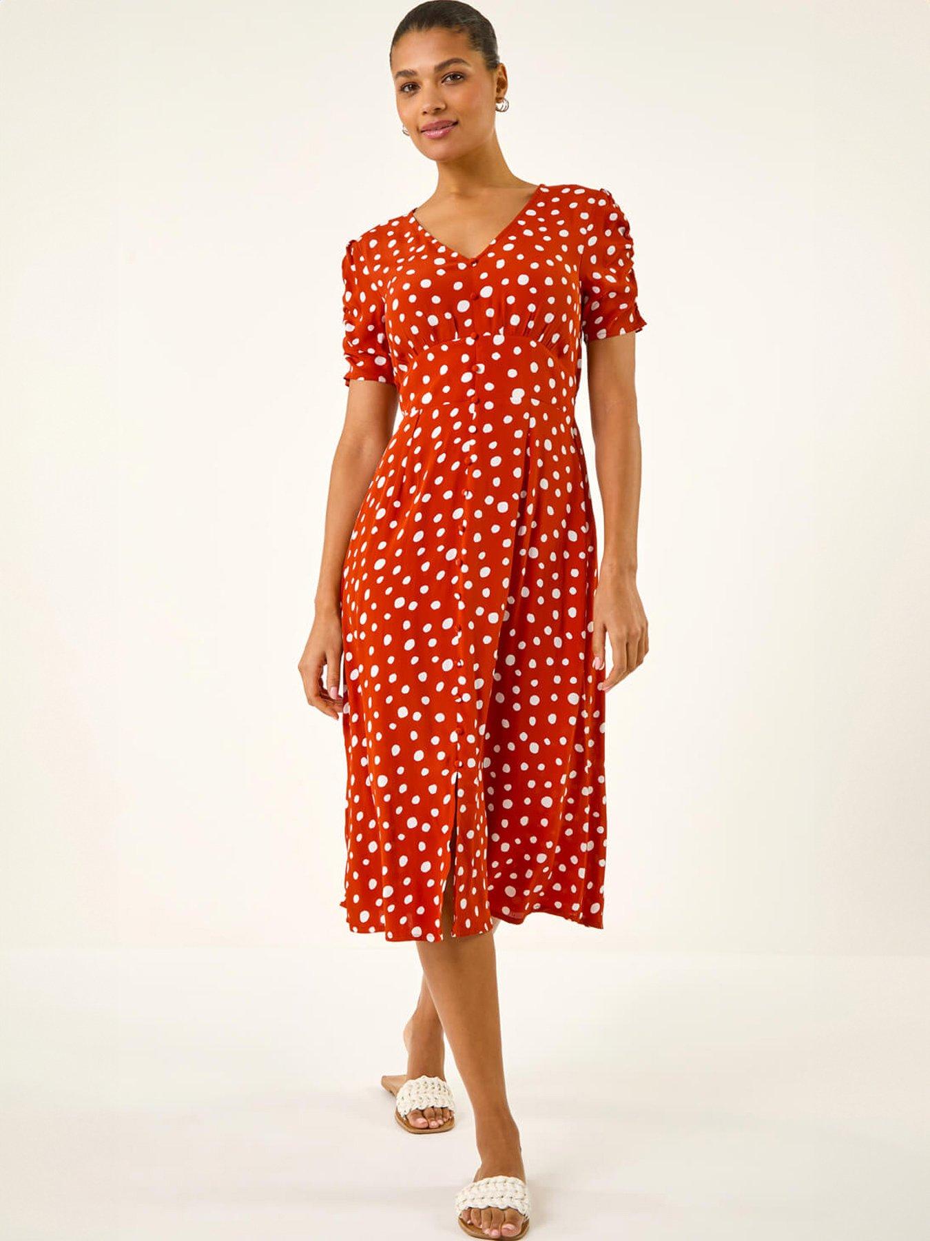 Roman Polka Dot Ruched Sleeve Midi Dress