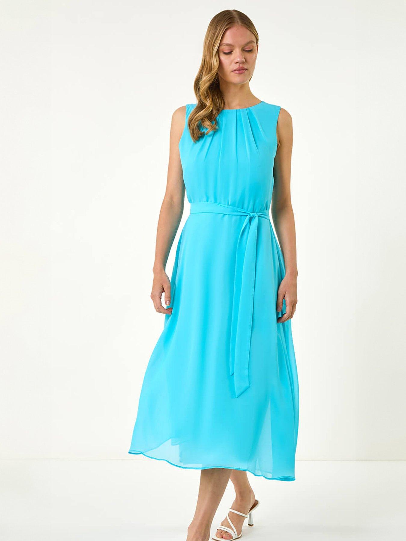 sachin and babi light blue dress Square Neckline Spaghetti Straps A-Line Chiffon Dress With Slit – DUNTERY UK main image 1