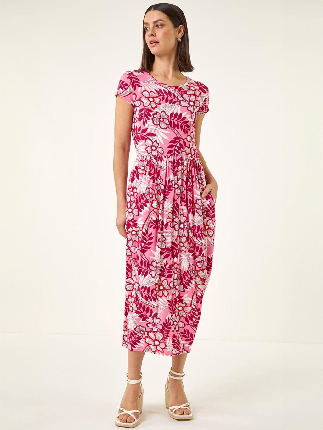 Roman Floral Pocket Midi Dress, Pink, Size 18, Women