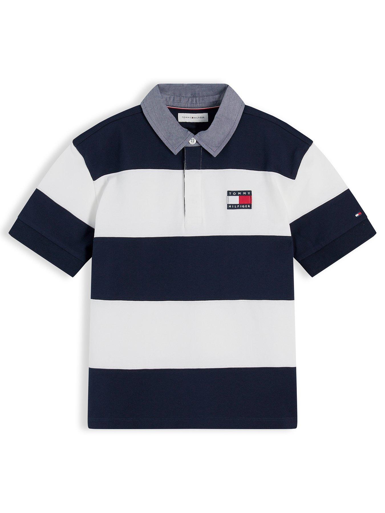 Tommy Hilfiger Boys Contrast Collar Rugby Short Sleeve Polo Shirt, Navy, Size 8 Years