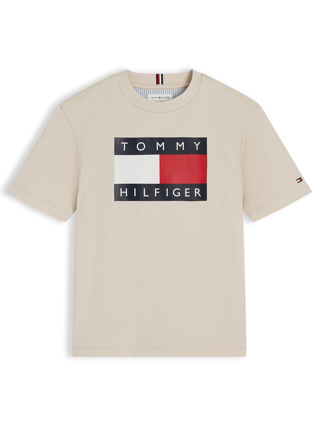 Tommy Hilfiger Flag Logo Jersey Crew Neck T-Shirt, Beige, Size 8 Years