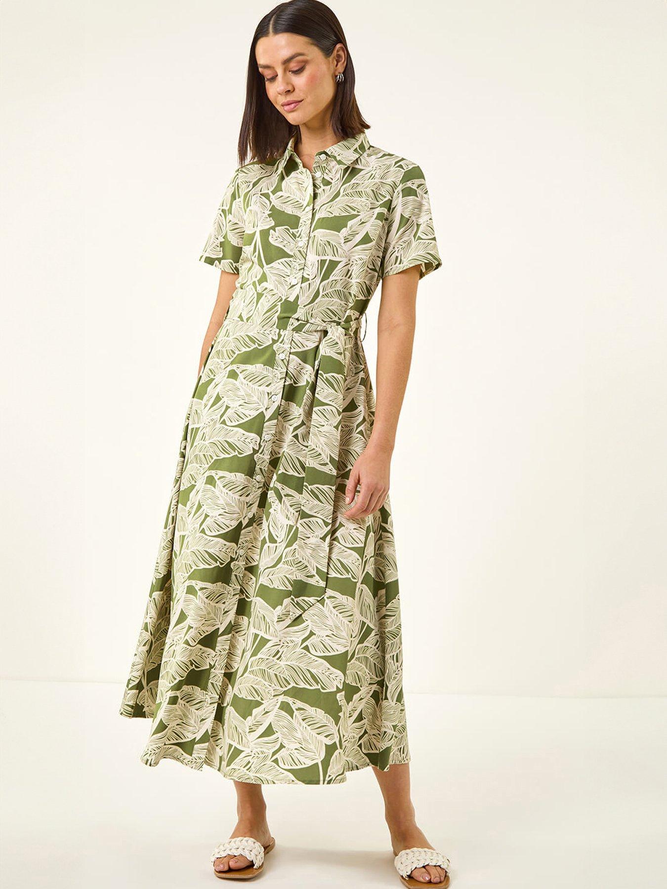 Roman Leaf Print Belted Shirt Dress