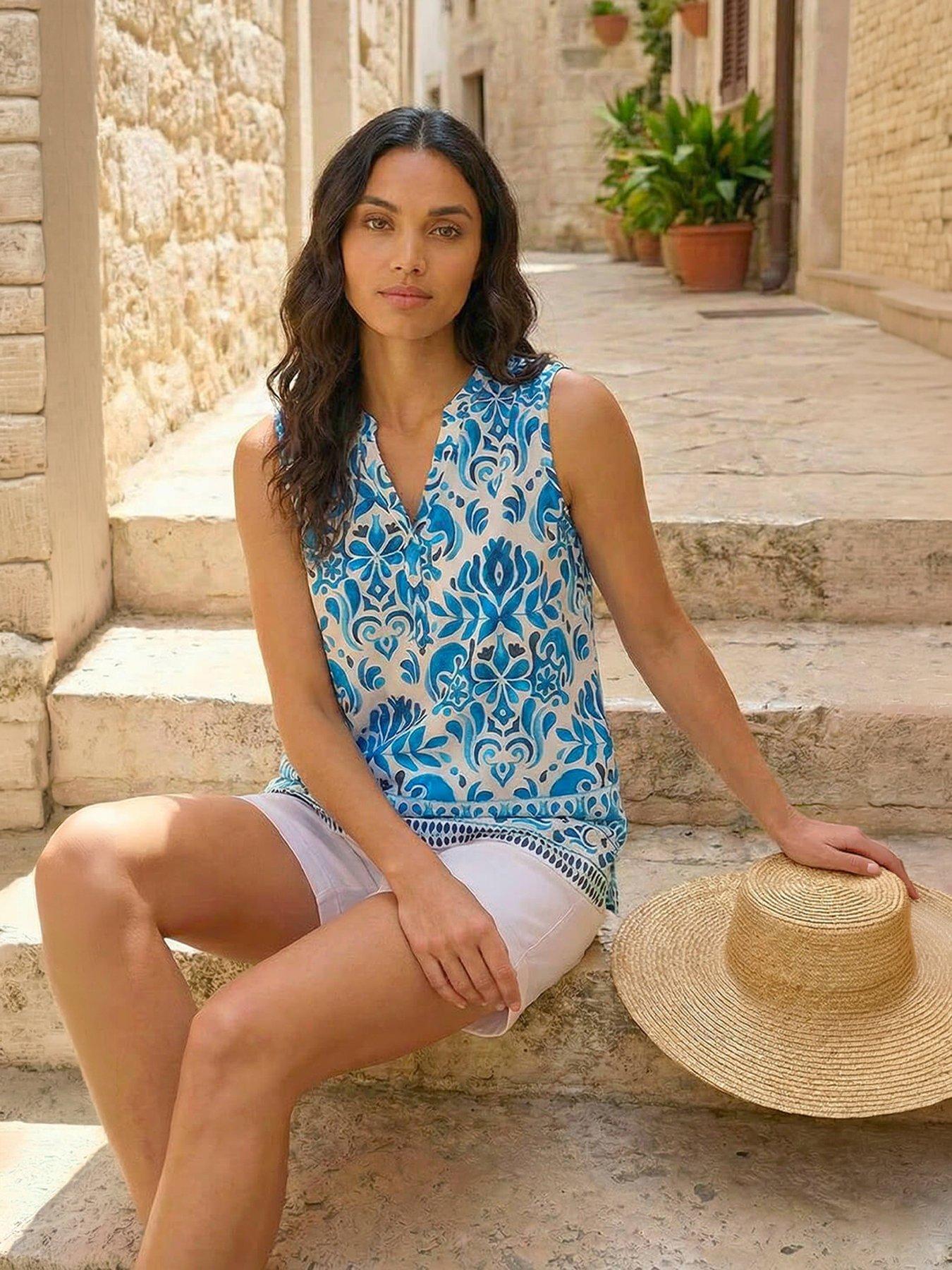 Roman Floral Border Print V-neck Top, Blue, Size 20, Women