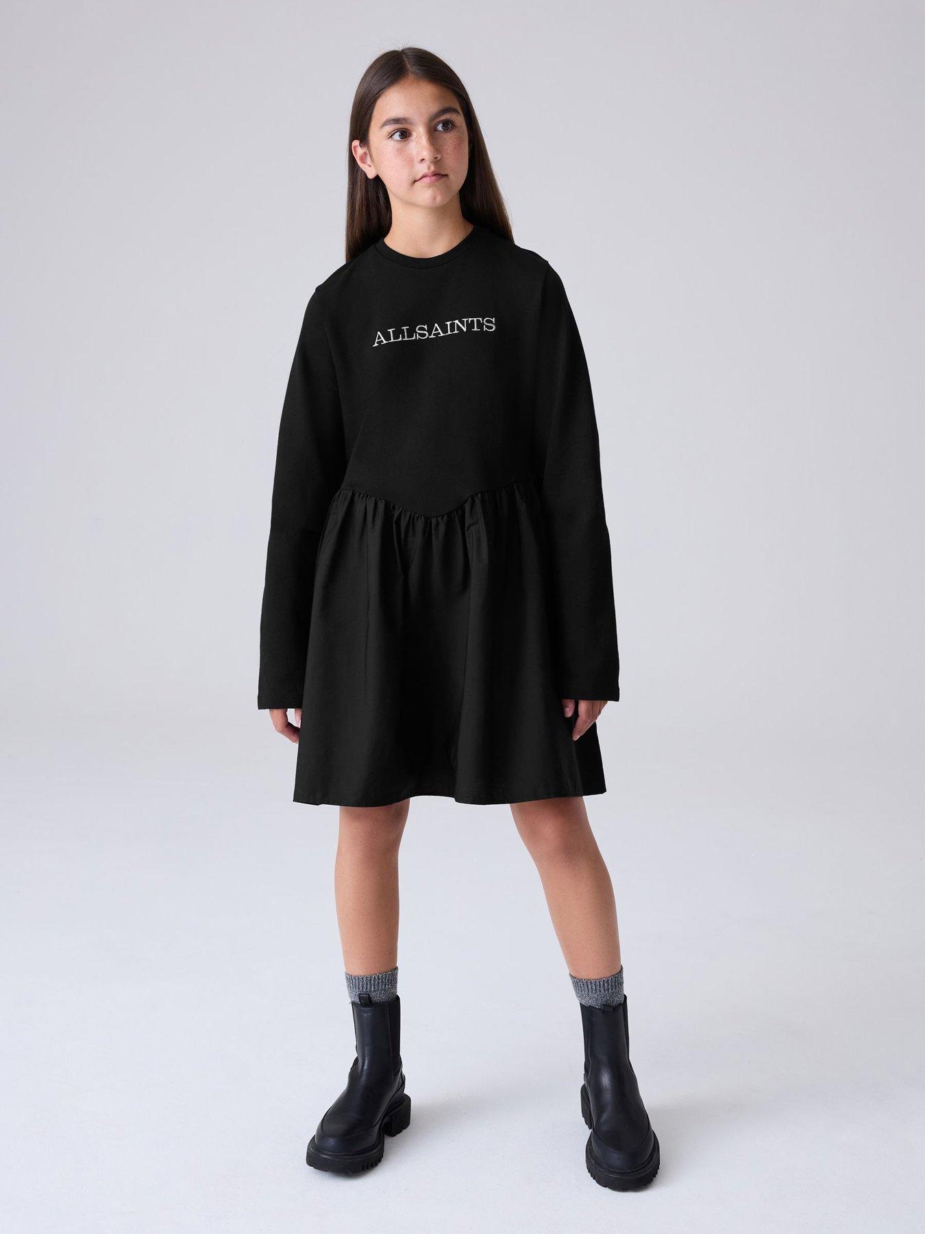 Image 1 of 7 of smALLSAINTS Older Girls Logo Chevron Long Sleeve T-Shirt Dress - Black