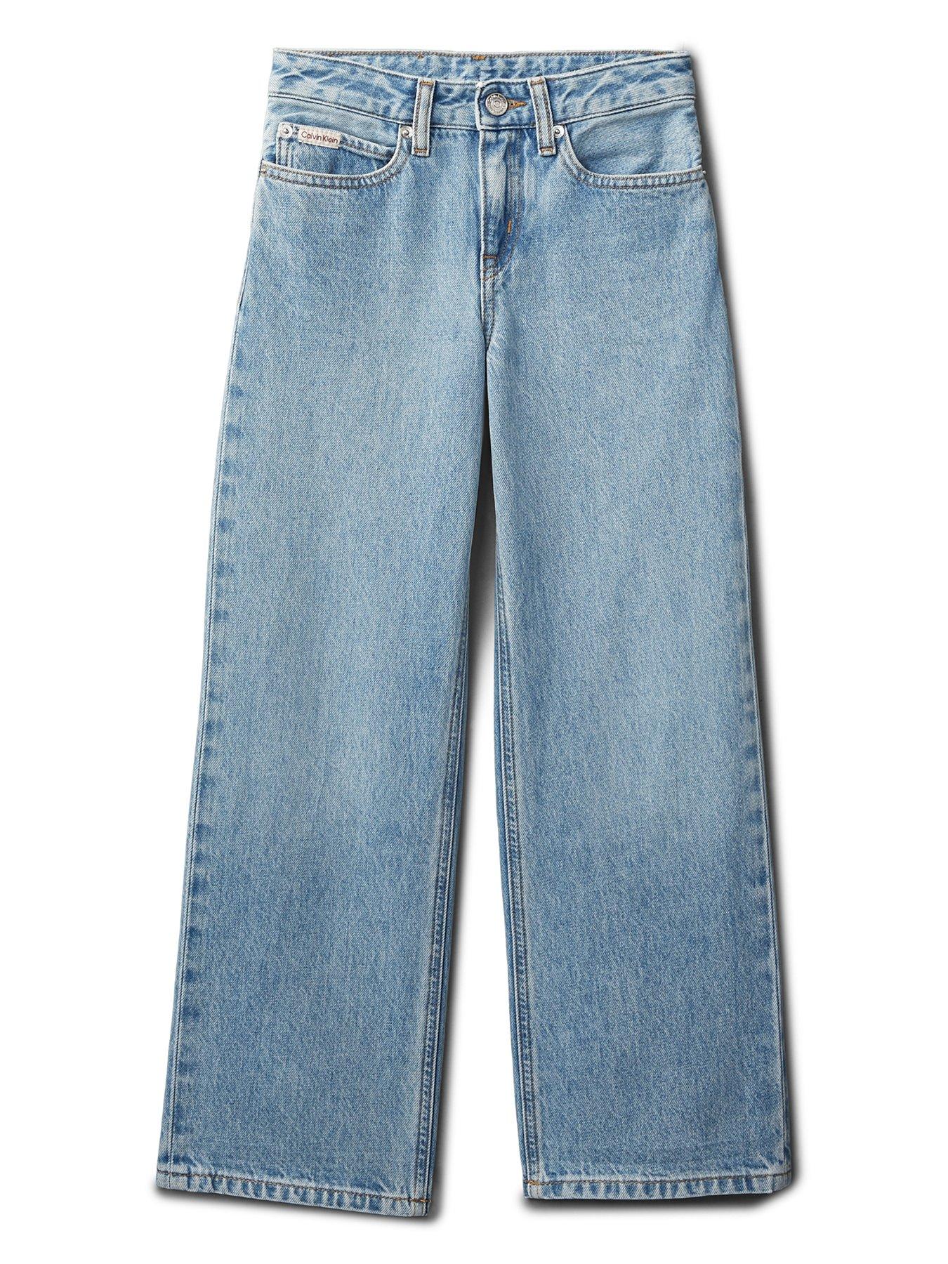 Image 2 of 4 of Calvin Klein Jeans Girls High Rise Wide Leg Jeans &nbsp;Blue Wash