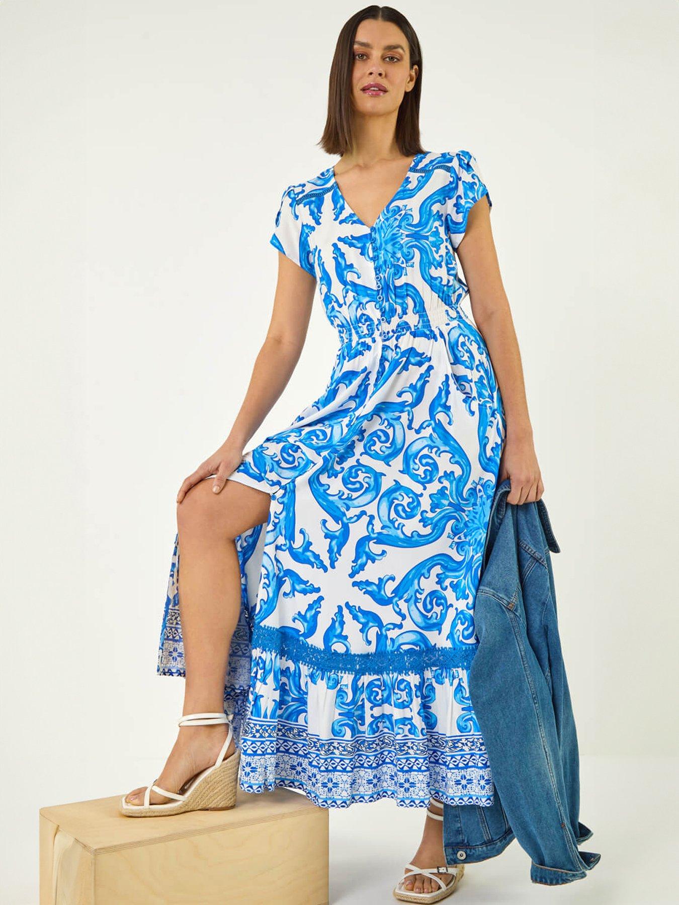 Image 1 of 5 of Roman Border Print Button Midi Dress