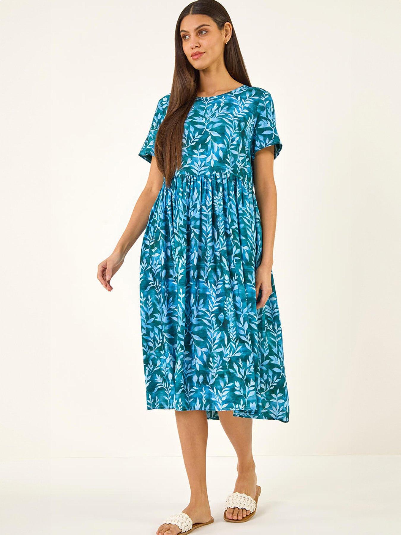 Image 3 of 5 of Roman Leaf Print Smock Midi Dress